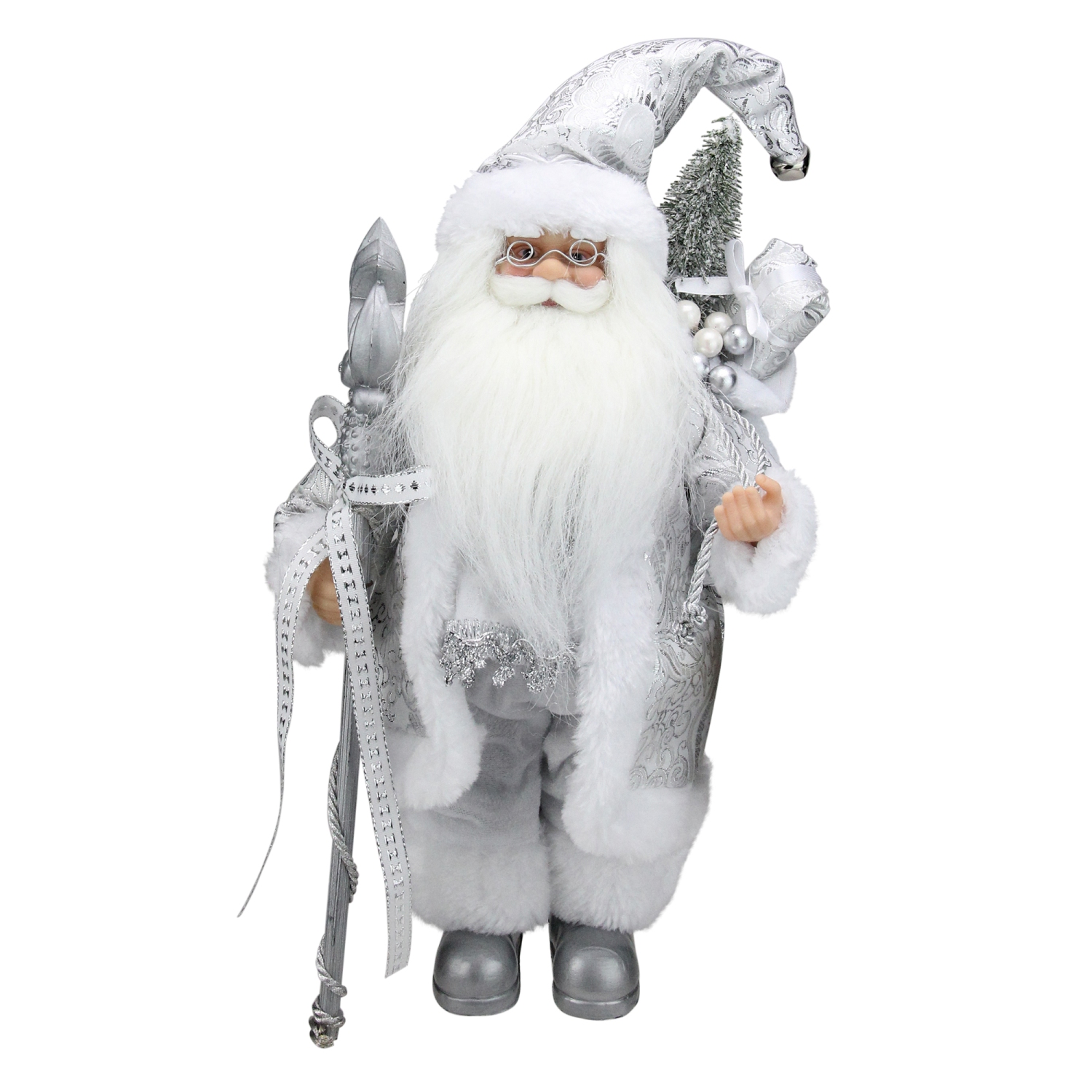 12" White and Silver Santa Claus with Staff and Gift Bag Christmas Figure