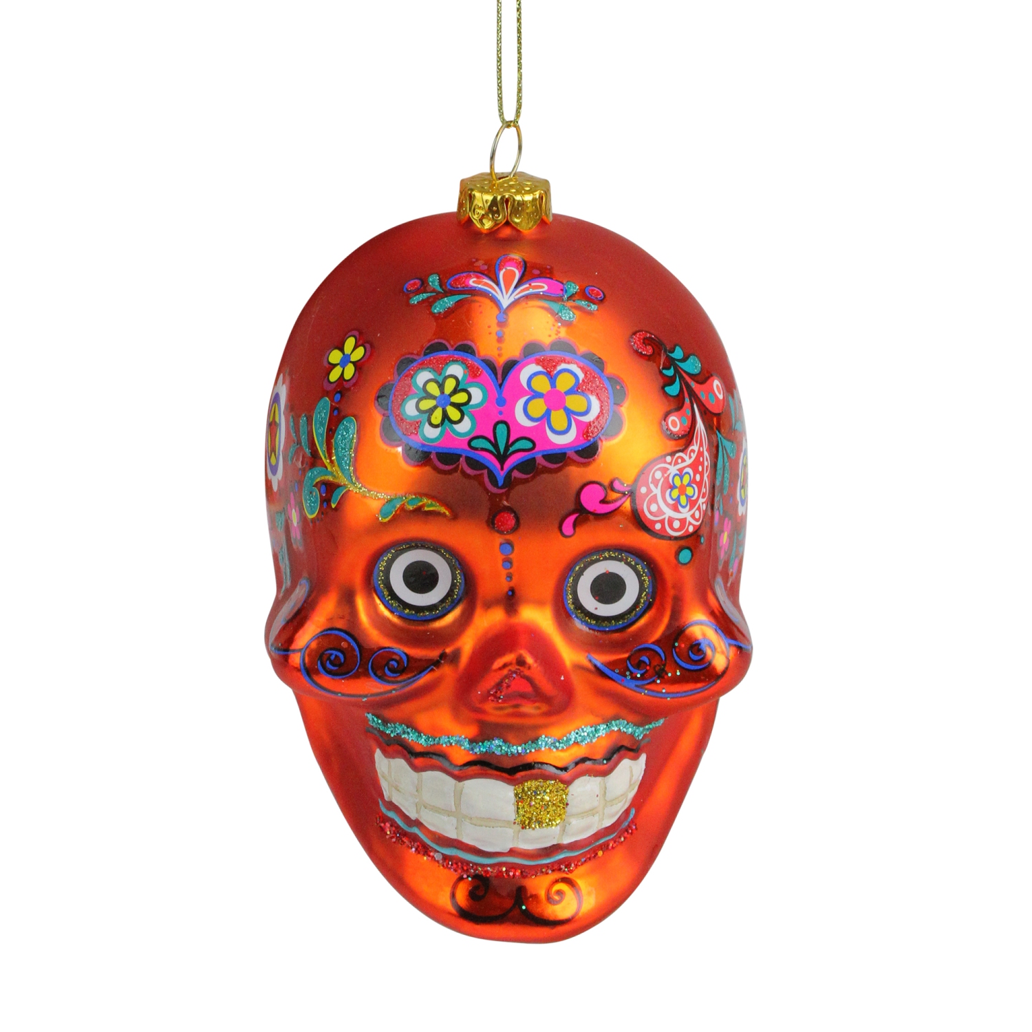 4" Orange The Day of the Dead Sugar Skull Glass Halloween Ornament
