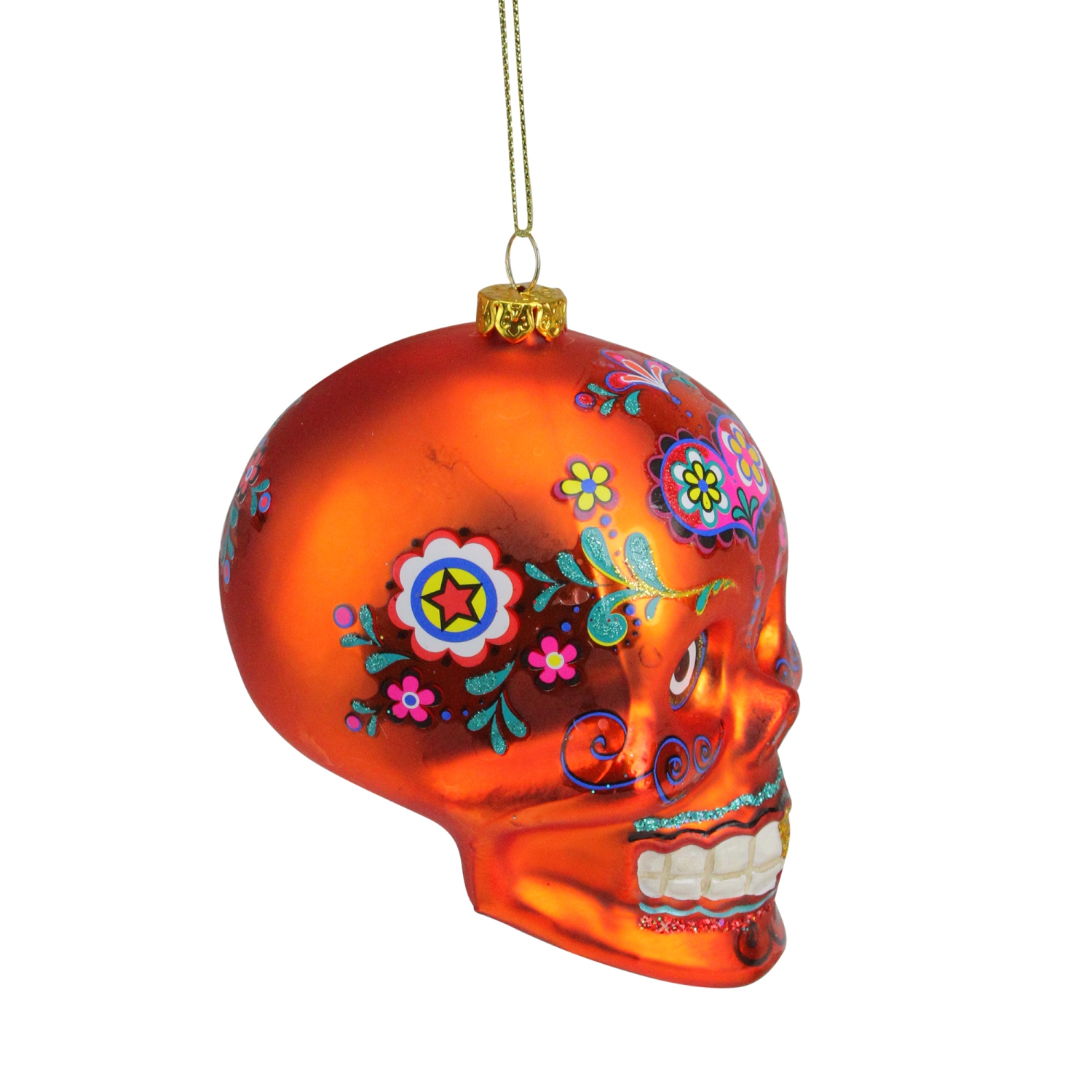 4" Orange The Day of the Dead Sugar Skull Glass Halloween Ornament