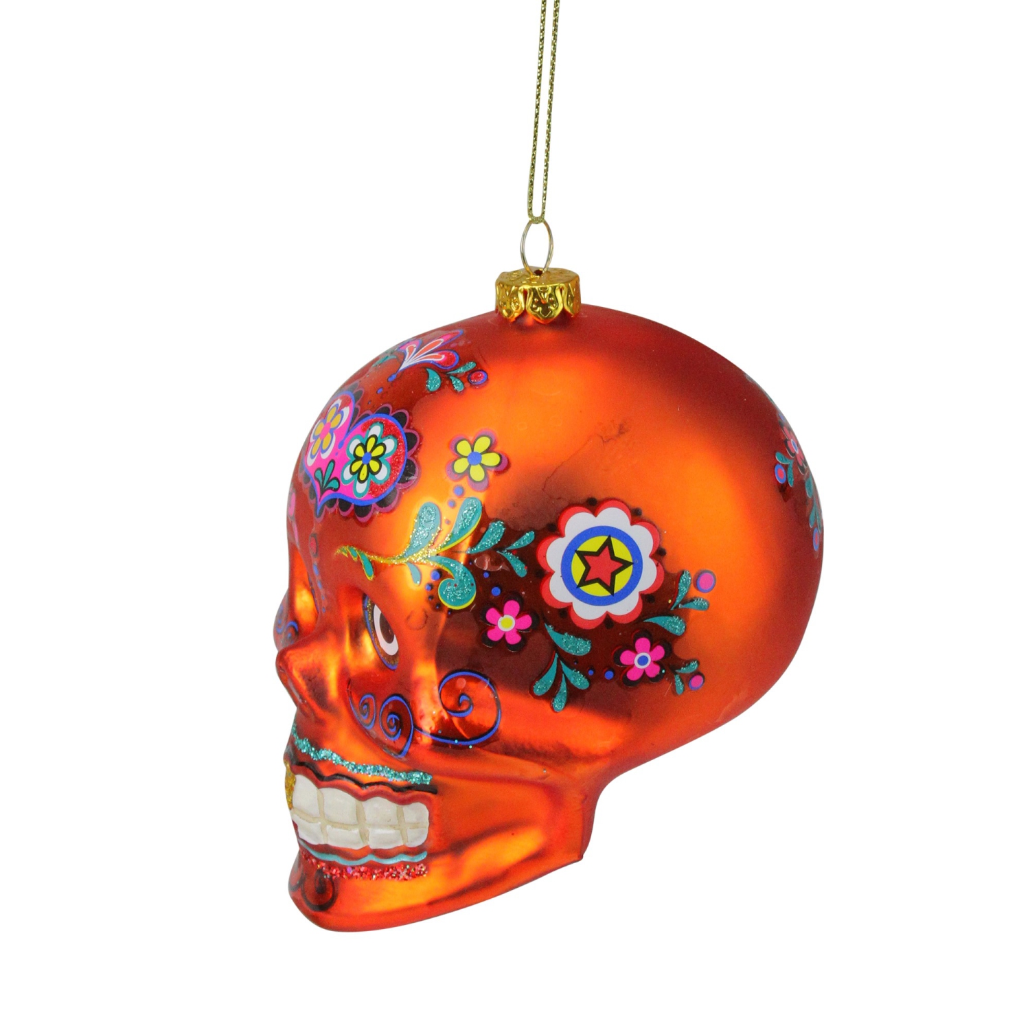 4" Orange The Day of the Dead Sugar Skull Glass Halloween Ornament