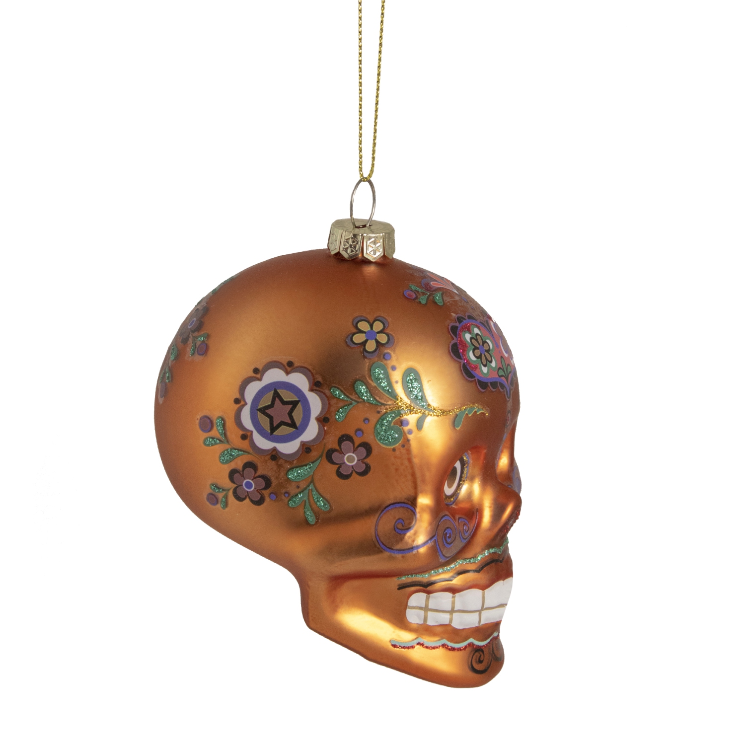 4" Orange The Day of the Dead Sugar Skull Glass Halloween Ornament