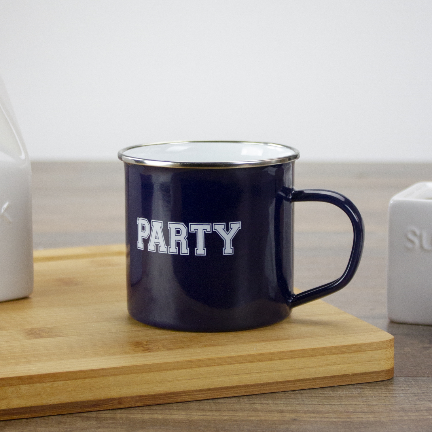 4.75" Dark Blue and White Metal Varsity Party Coffee Mug