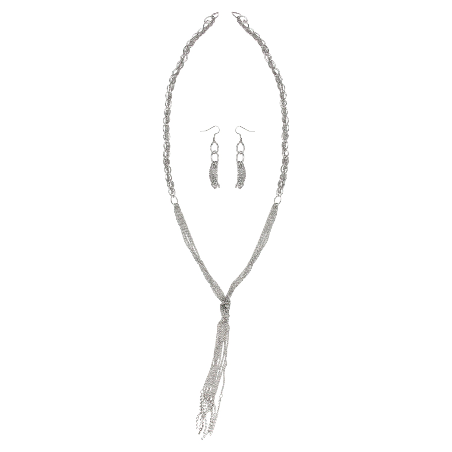 Set of Silvertone Chain Link and Crystal Dangling Jewelry Necklace and Earrings