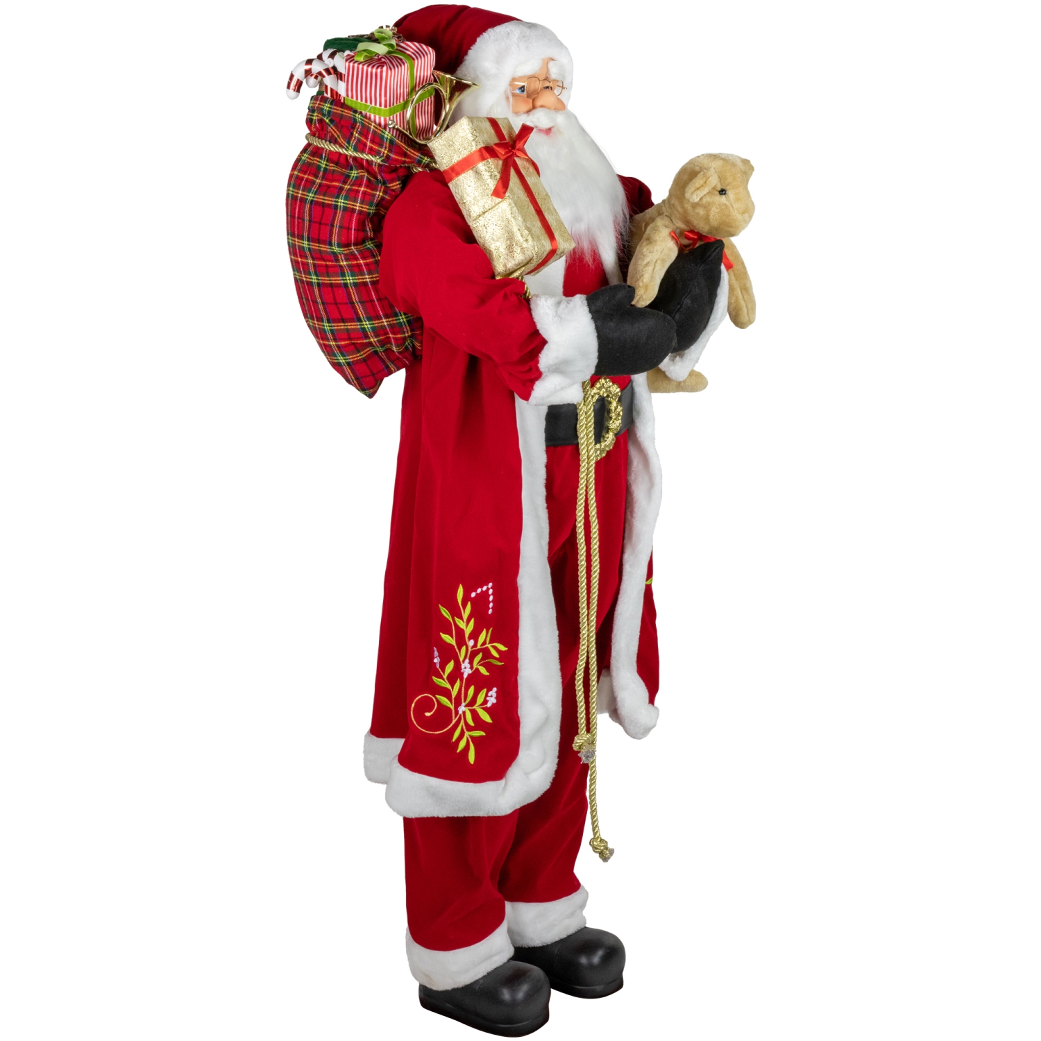 Traditional Santa Claus with Teddy Bear and Gift Bag Standing Christmas Figure - 5'