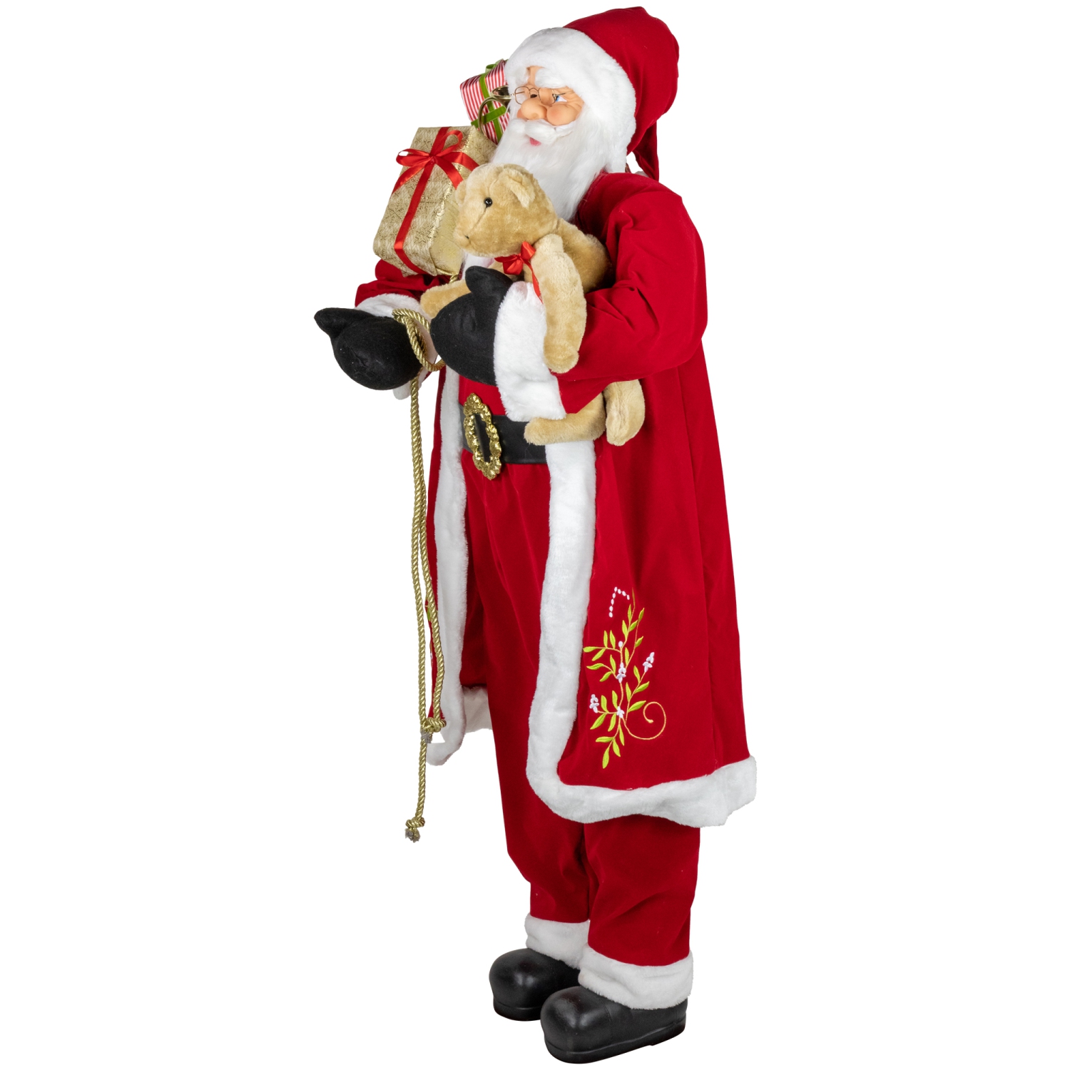 Traditional Santa Claus with Teddy Bear and Gift Bag Standing Christmas Figure - 5'