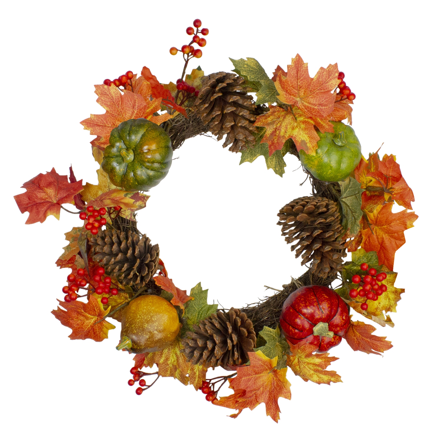 Leaves, Pine Cones and Pumpkins Artificial Fall Harvest Wreath - 20-Inch, Unlit