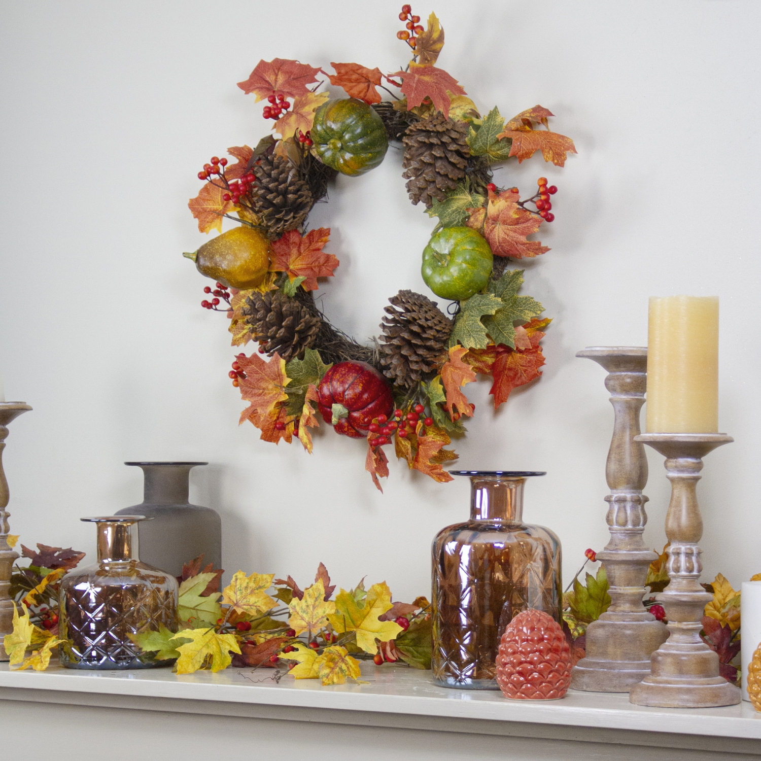 Leaves, Pine Cones and Pumpkins Artificial Fall Harvest Wreath - 20-Inch, Unlit