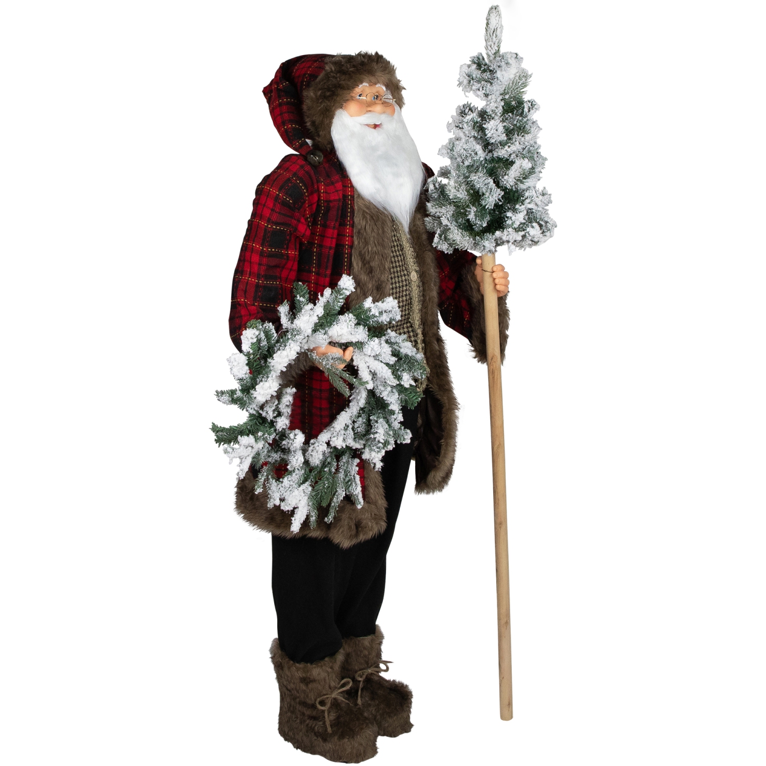 Santa Claus with Flocked Alpine Tree and Wreath Commercial Christmas Figure - 5'