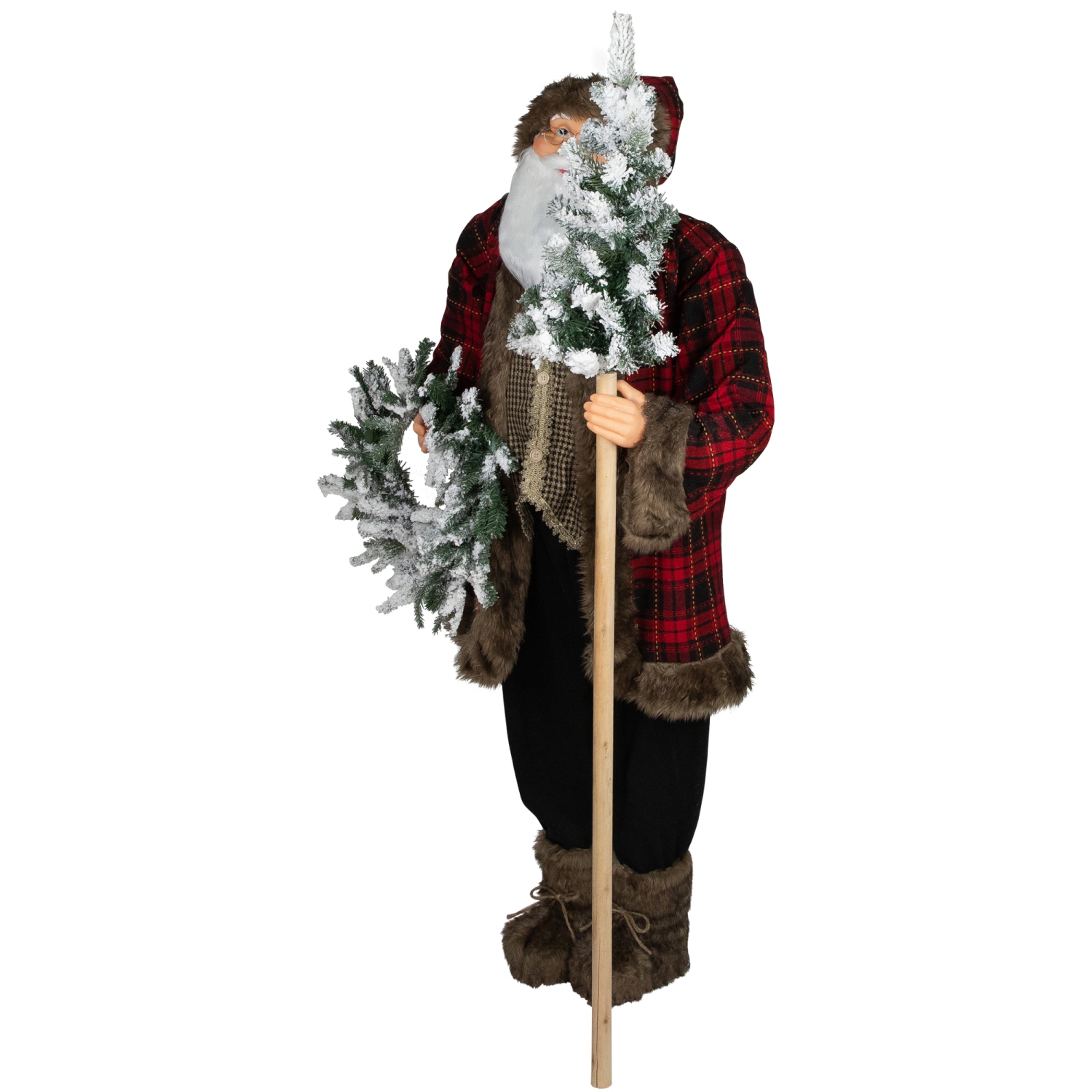 Santa Claus with Flocked Alpine Tree and Wreath Commercial Christmas Figure - 5'