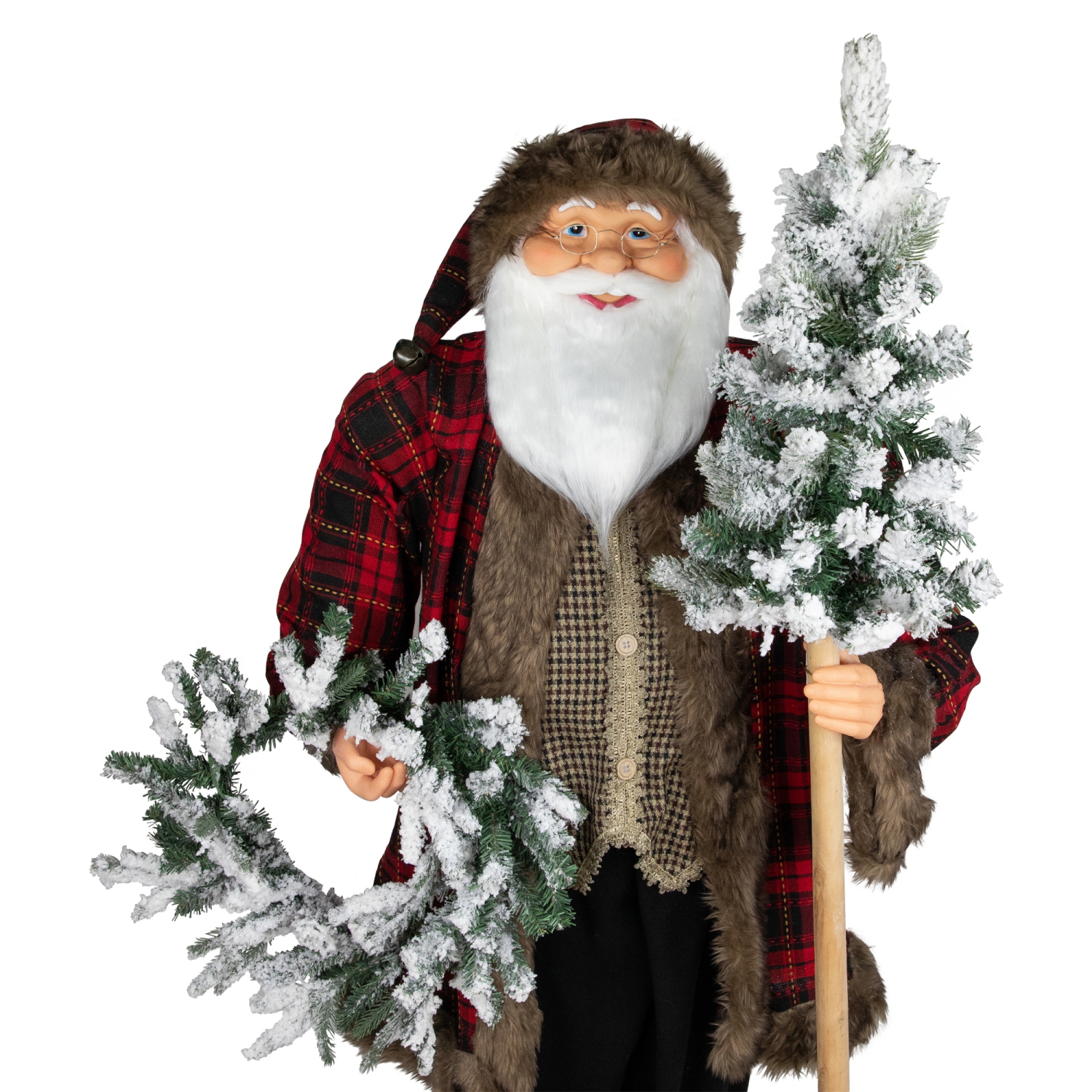 Santa Claus with Flocked Alpine Tree and Wreath Commercial Christmas Figure - 5'