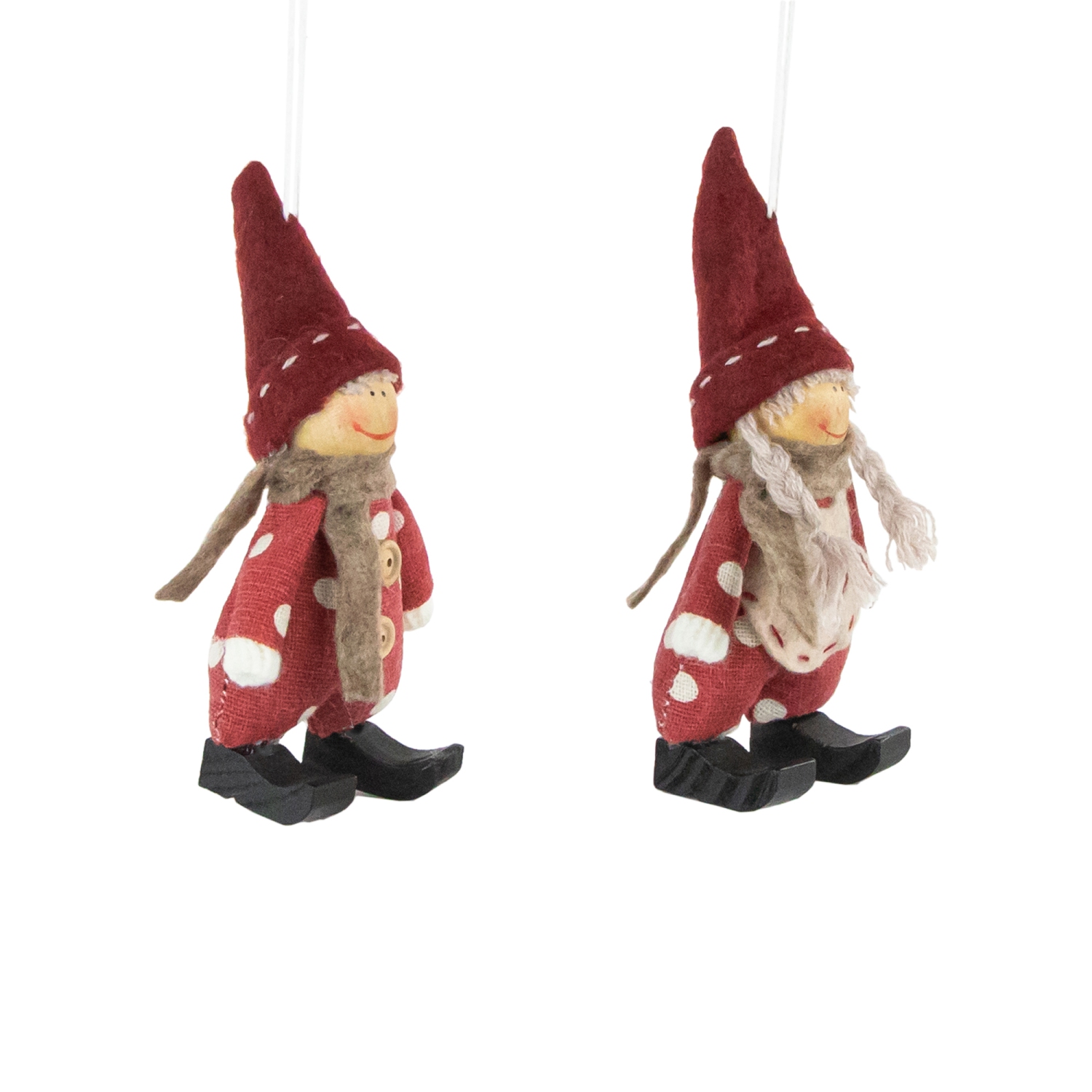 Plush Polka Dot Boy and Girl Christmas Ornaments - 5.5" - Red - Set of 2