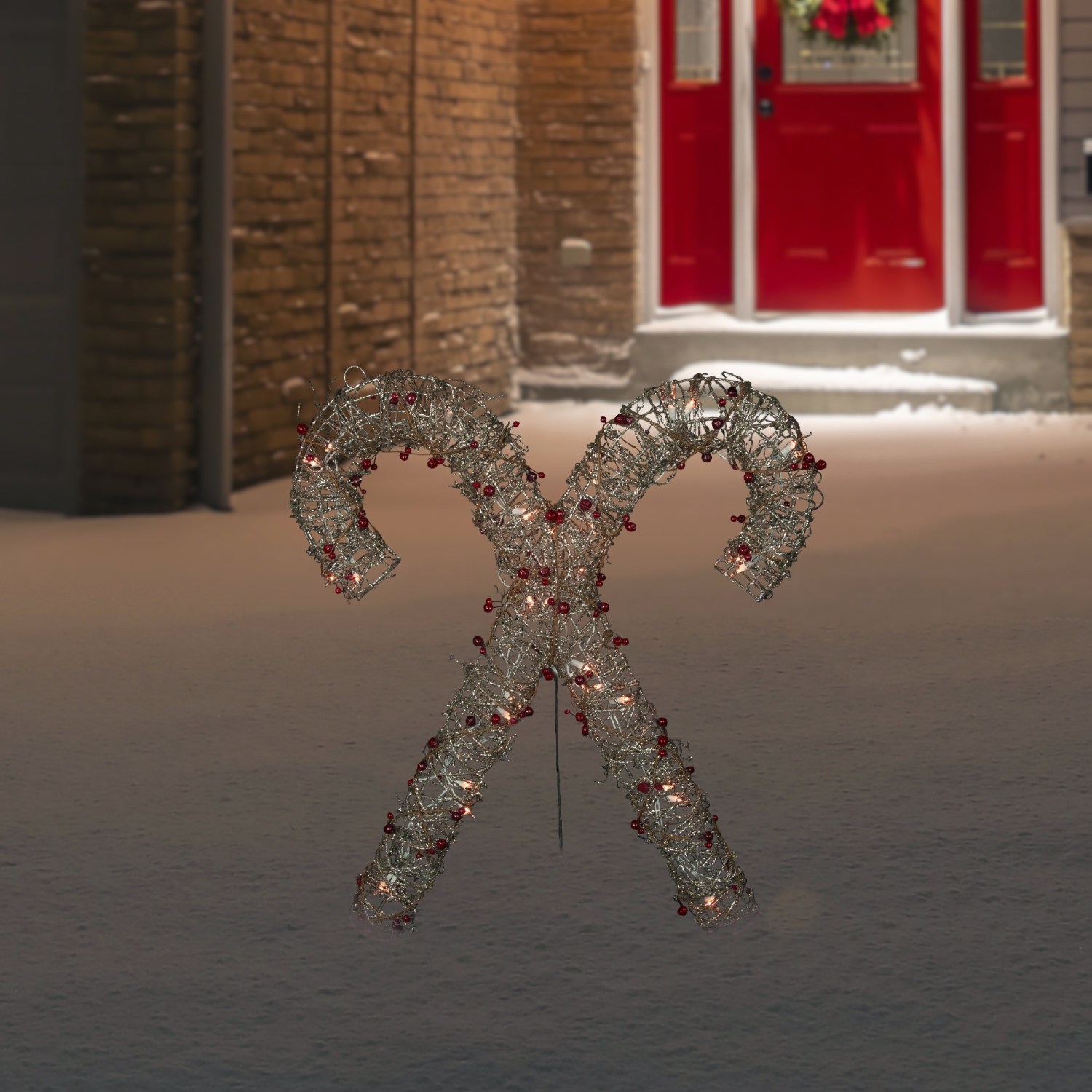 25" Lighted Champagne Gold Glittered Rattan Double Candy Cane Christmas Outdoor or Window Decoration