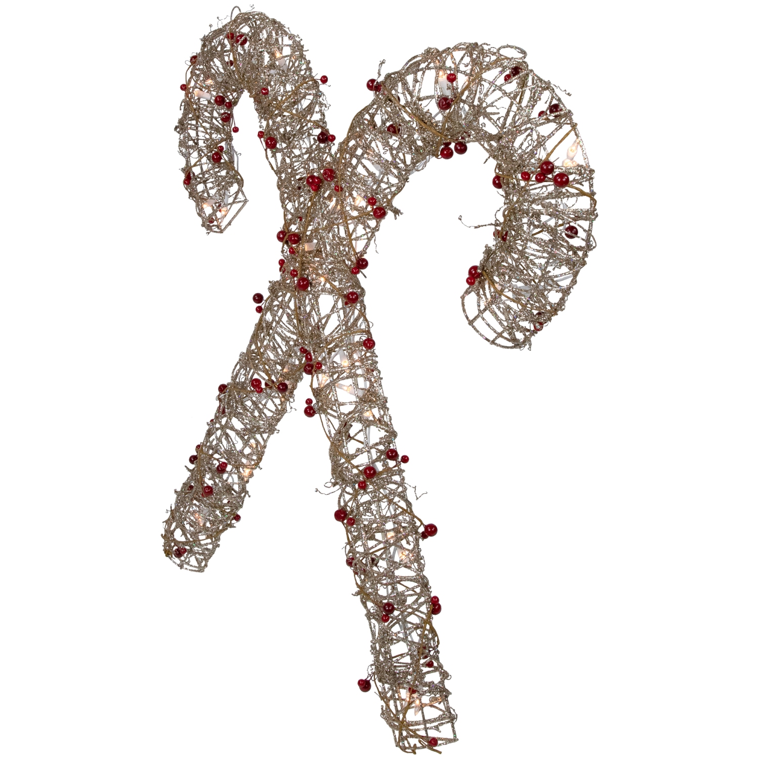 25" Lighted Champagne Gold Glittered Rattan Double Candy Cane Christmas Outdoor or Window Decoration