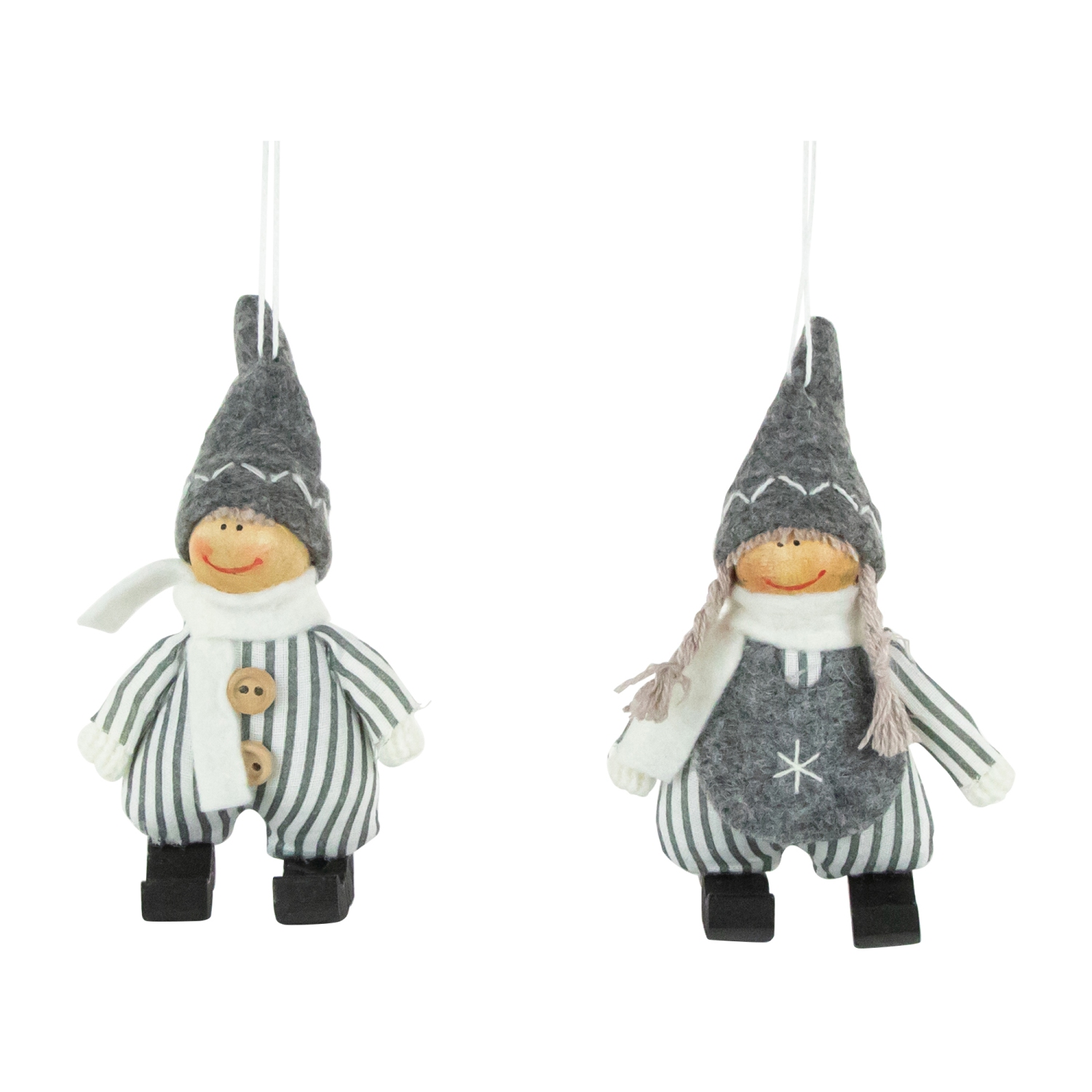 Plush Striped Boy and Girl Christmas Ornaments - 5.5" - Gray and White - Set of 2