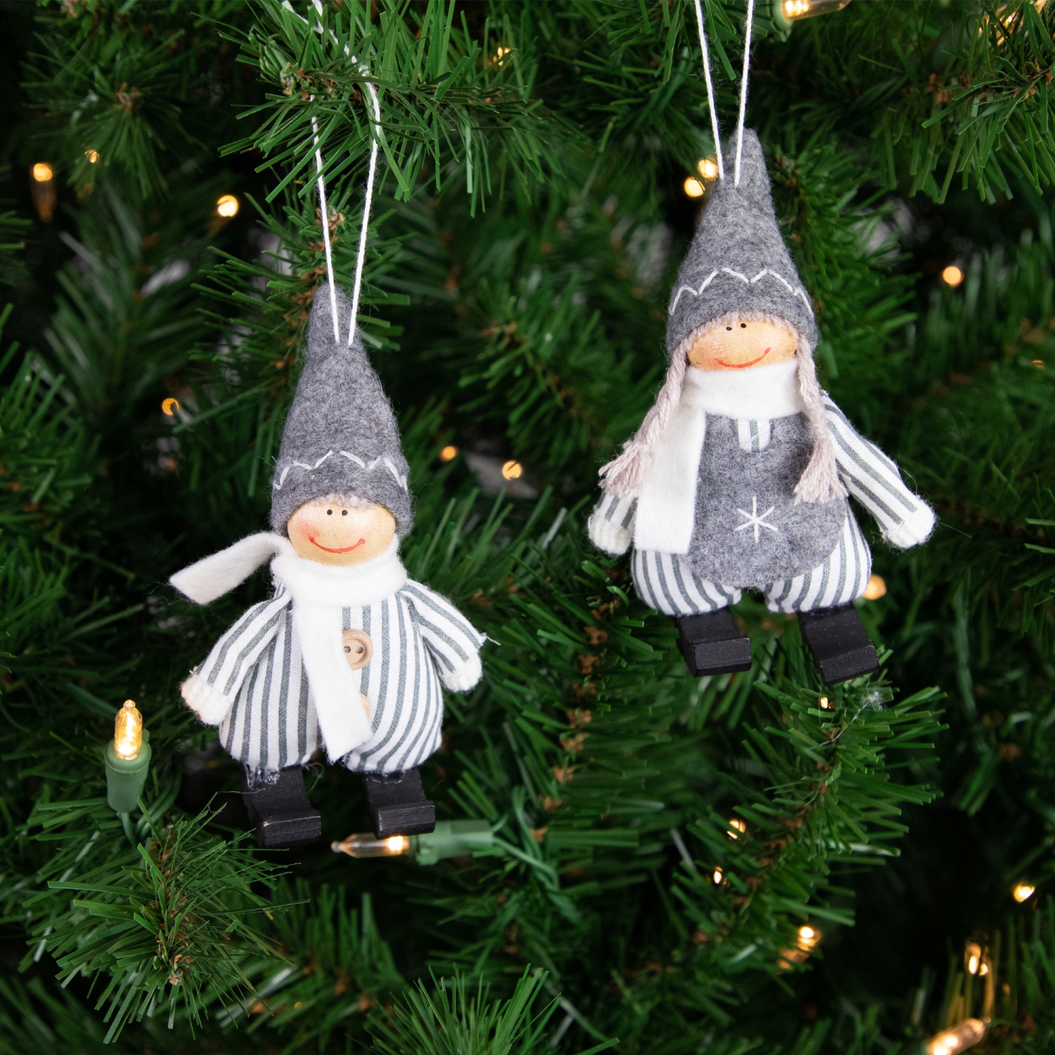 Plush Striped Boy and Girl Christmas Ornaments - 5.5" - Gray and White - Set of 2