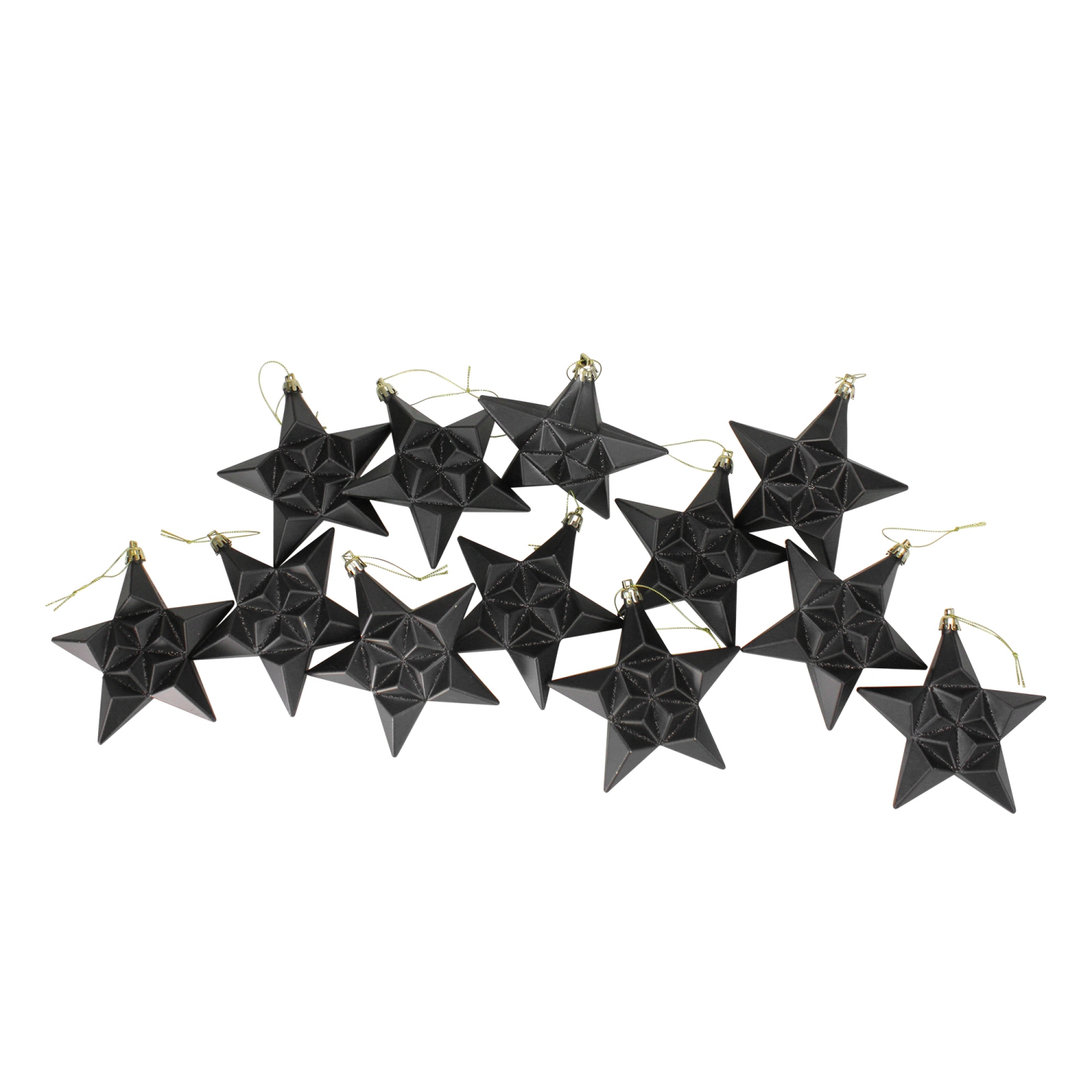 12ct Matte Jet Black Glittered Star Shatterproof Christmas Ornaments 5"