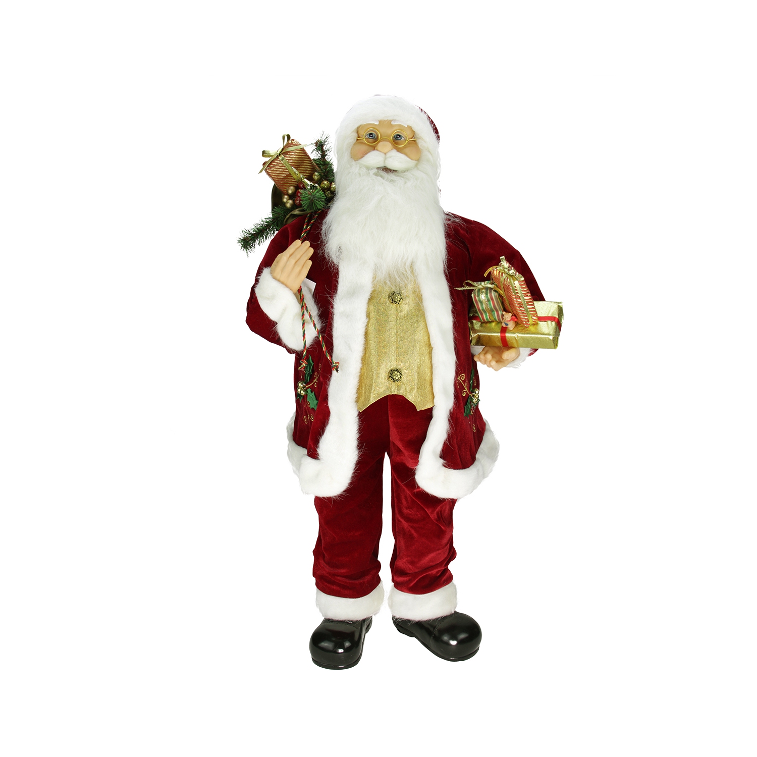 36" Traditional Holly Berry Standing Santa Claus Christmas Figure with Presents and Gift Bag