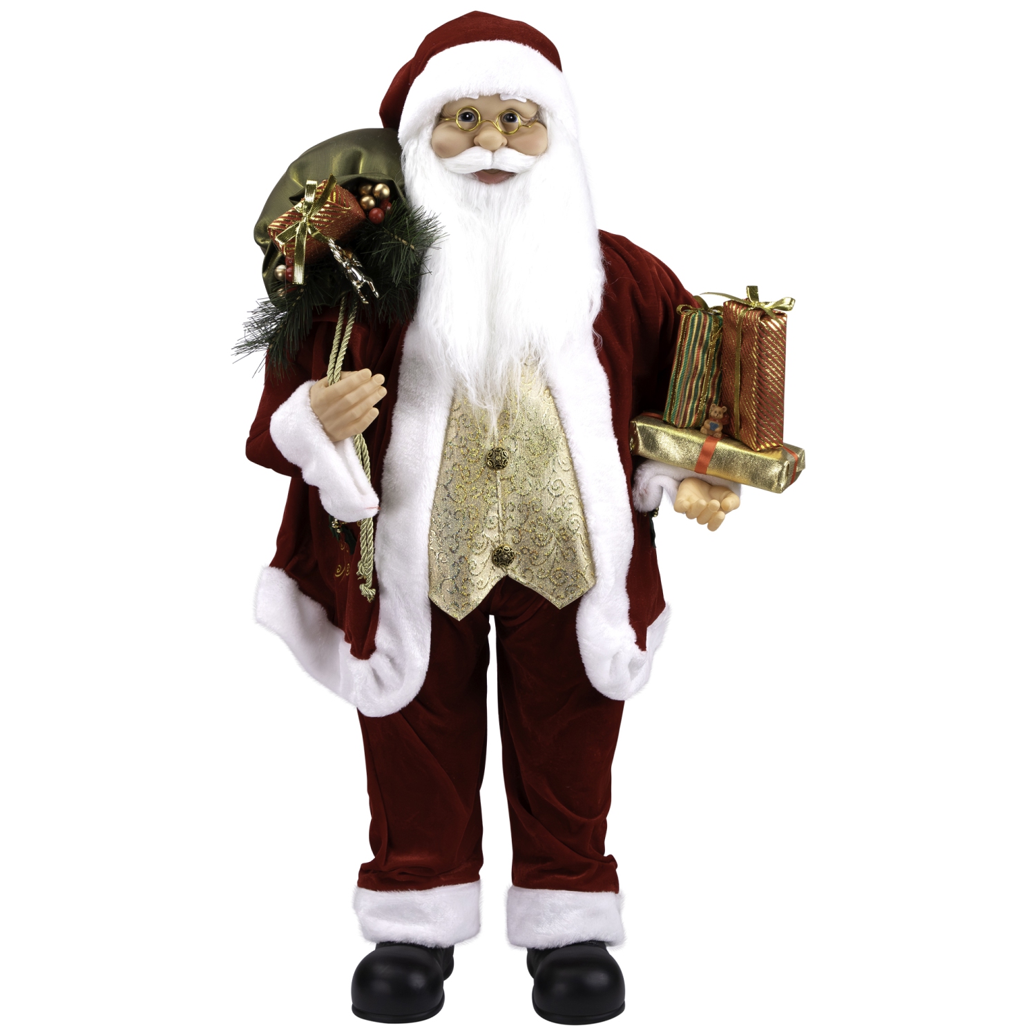 36" Traditional Holly Berry Standing Santa Claus Christmas Figure with Presents and Gift Bag