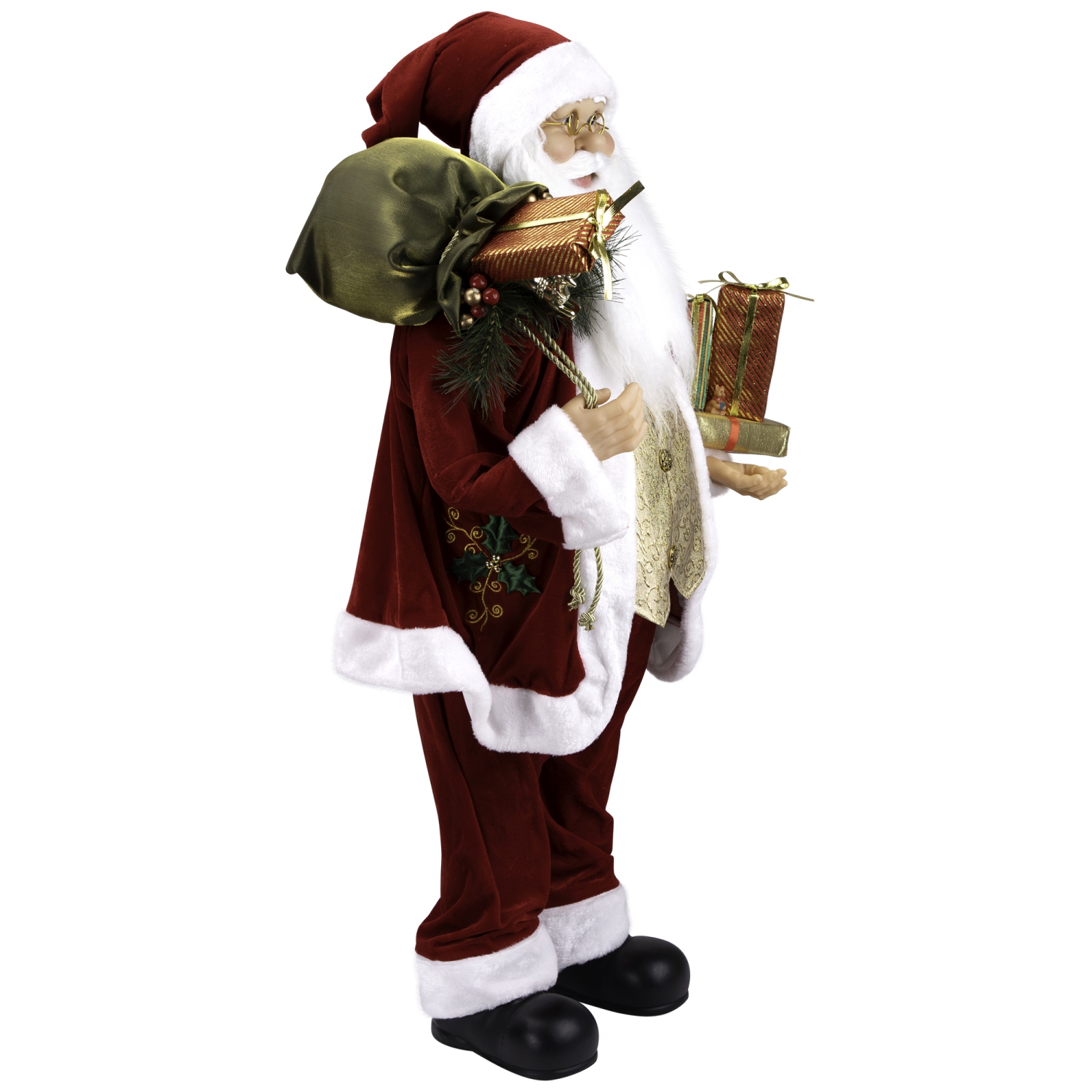 36" Traditional Holly Berry Standing Santa Claus Christmas Figure with Presents and Gift Bag