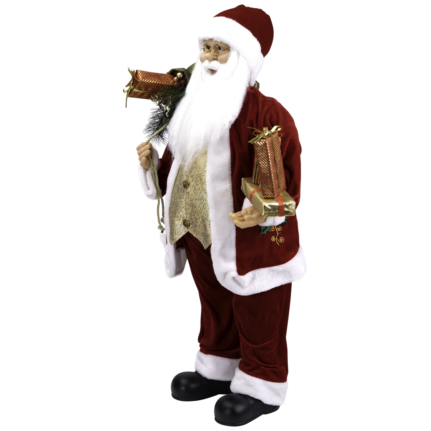 36" Traditional Holly Berry Standing Santa Claus Christmas Figure with Presents and Gift Bag