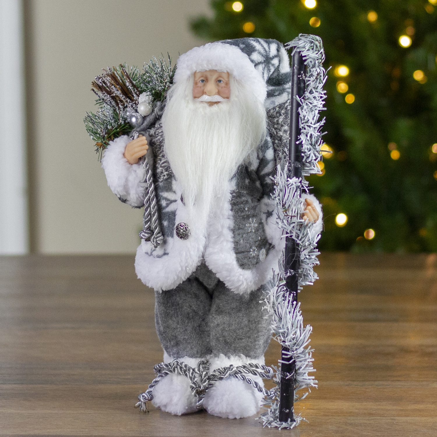 12" Country Patchwork Gray and White Santa Claus Christmas Figure