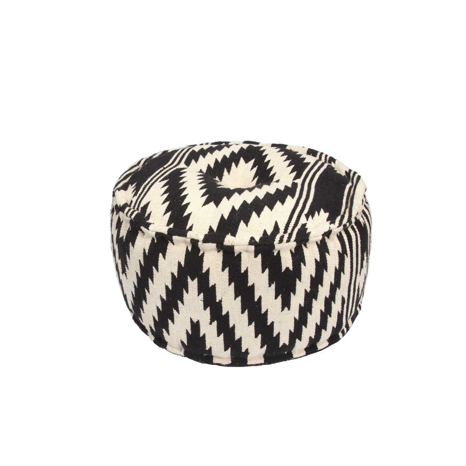 24" Black and Tan Geo Tribal Pattern Round Ottoman Pouf