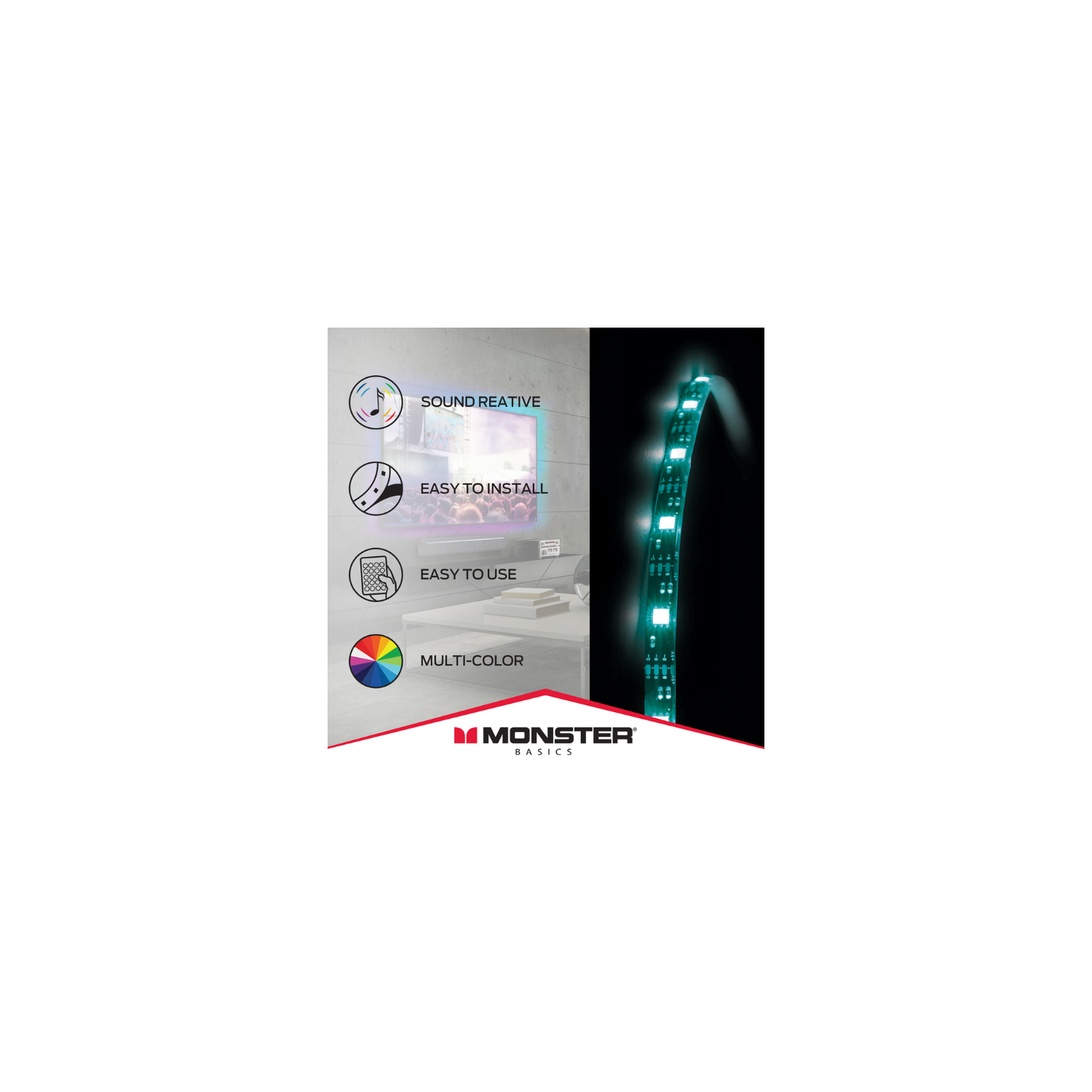 Monster – bande lumineuse à DEL pour l’intérieur MLB7-1054-BLK de 6,5 pi, alimentation par USB Sound Reactive