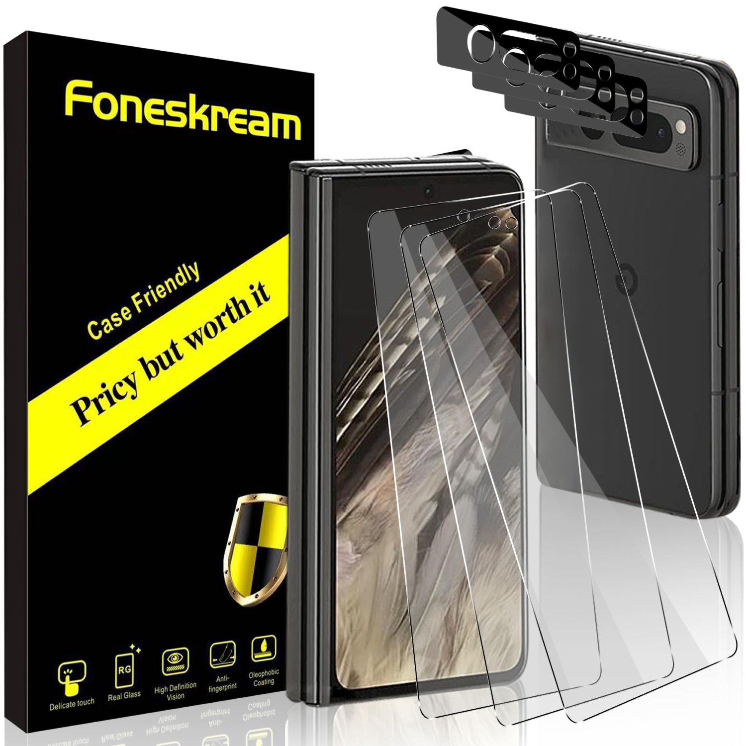 [Paquet de 3 + 3] compatible avec le protecteur d'écran pour Pixel Fold de Google de 7,6 po et le protecteur d'appareil photo en verre trempé