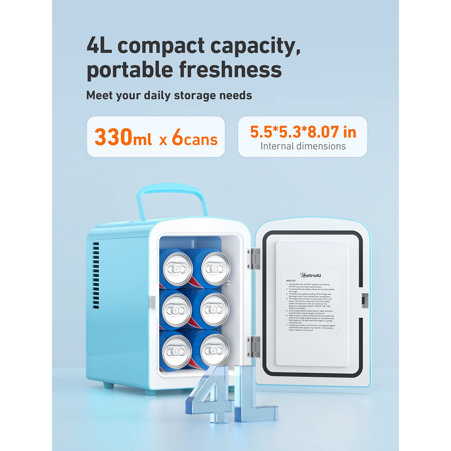 Mini Fridge, 4 Liter/6 Can AC/DC Portable Thermoelectric Cooler and Warmer Refrigerators for Skincare, Beverage, Food, Cosmetics, Home, Office and