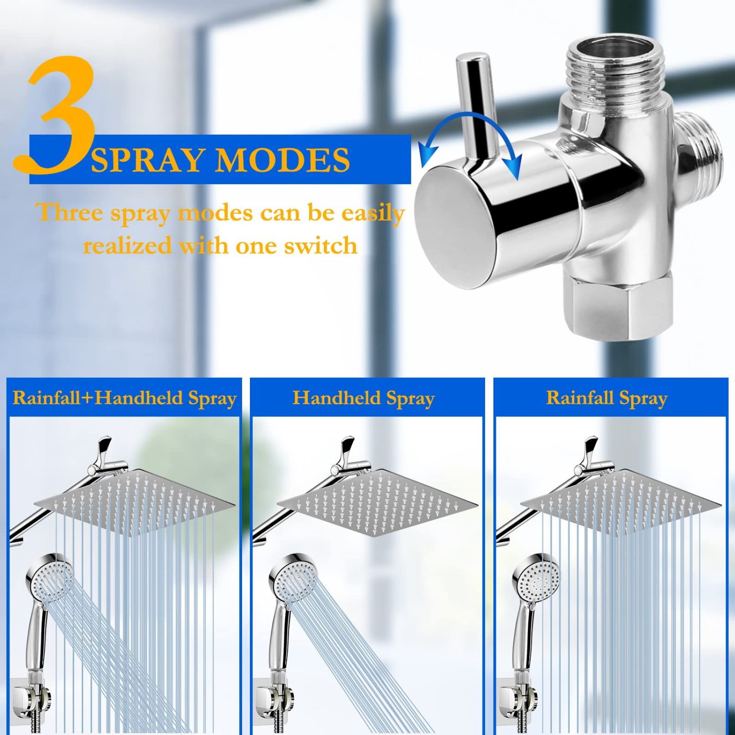 High Pressure Rainfall Shower Head, Rain Shower Head with Height/Angle Adjustable Extension Arm and Handheld Shower Combo, Chrome High Flow Stainless