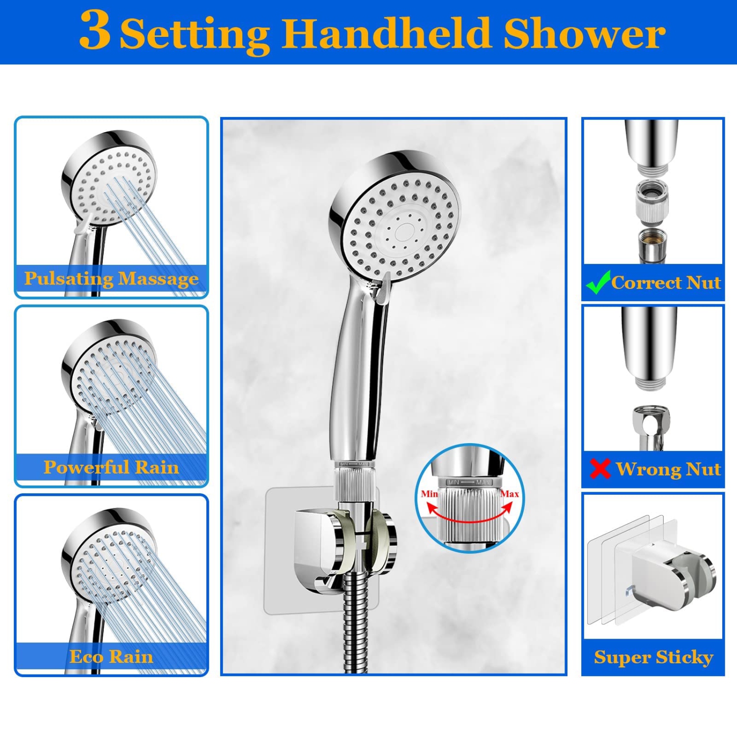 High Pressure Rainfall Shower Head, Rain Shower Head with Height/Angle Adjustable Extension Arm and Handheld Shower Combo, Chrome High Flow Stainless