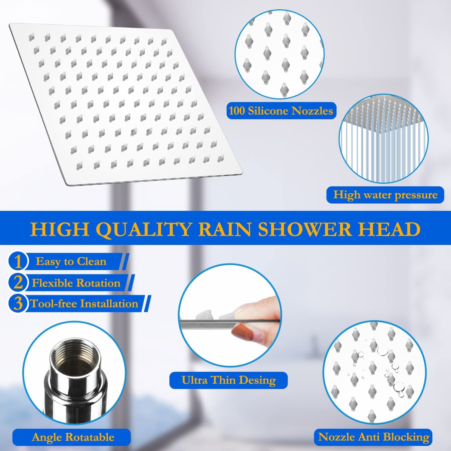 High Pressure Rainfall Shower Head, Rain Shower Head with Height/Angle Adjustable Extension Arm and Handheld Shower Combo, Chrome High Flow Stainless