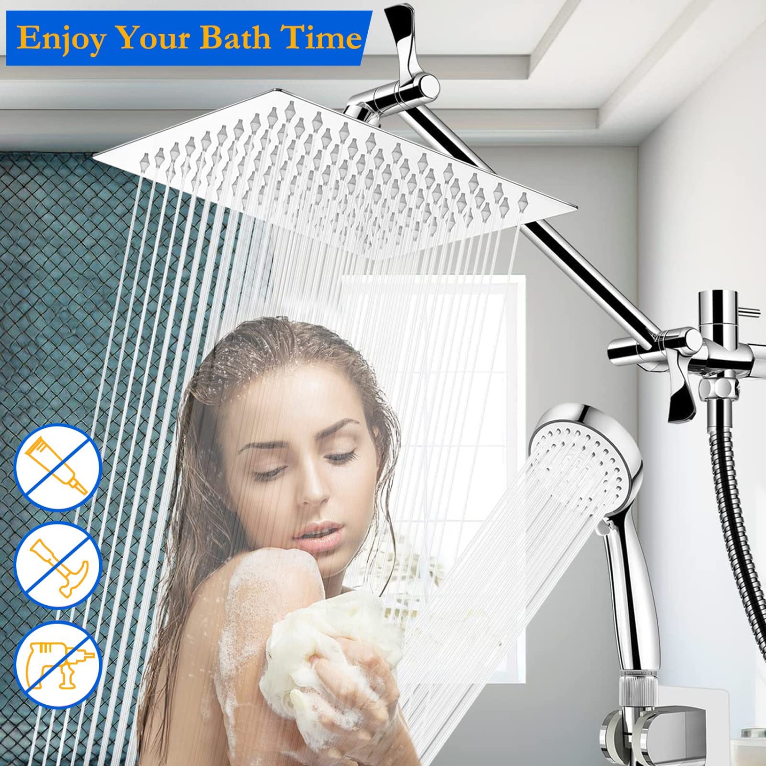 High Pressure Rainfall Shower Head, Rain Shower Head with Height/Angle Adjustable Extension Arm and Handheld Shower Combo, Chrome High Flow Stainless