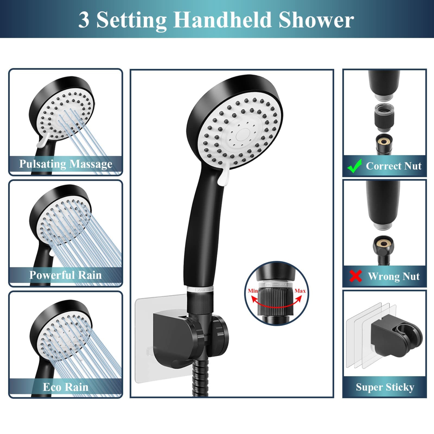 Bathroom High Pressure Hand-held Showerhead with Holder and 59 Inch Stainless Steel Hose, High Flow Hand Held and Adjustable Replacement Hand Held