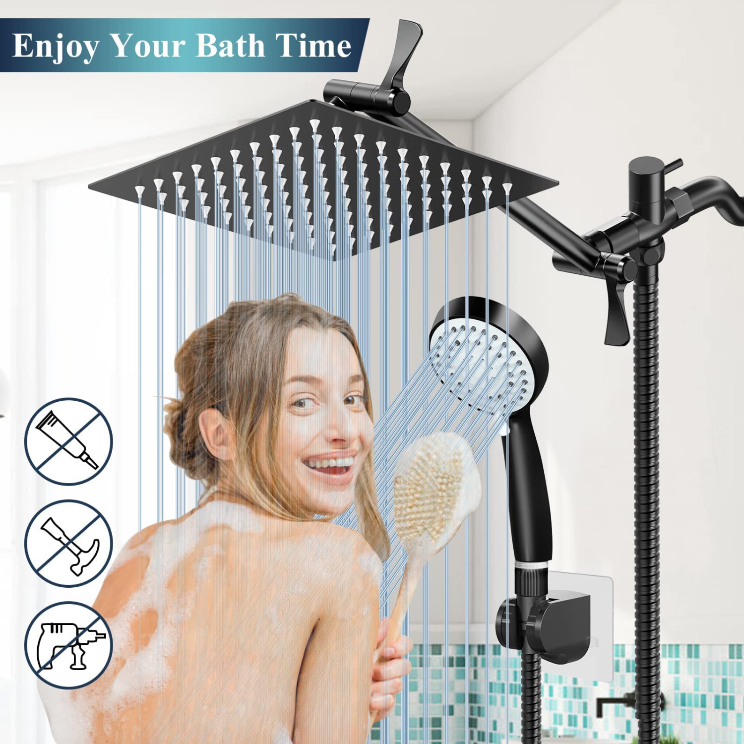 Bathroom High Pressure Hand-held Showerhead with Holder and 59 Inch Stainless Steel Hose, High Flow Hand Held and Adjustable Replacement Hand Held