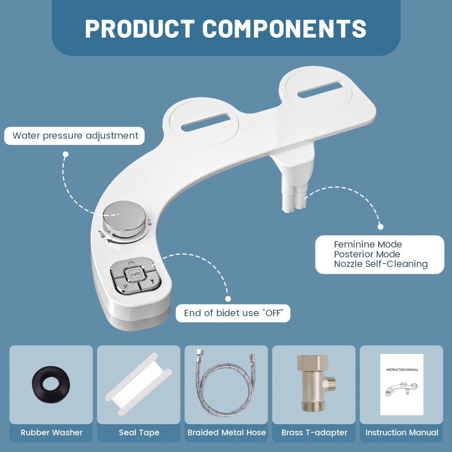 Bidet Attachment for Toilet, Dual Nozzle Non-Electric Fresh Water Bidet Toilet Seat Attachment with Nozzle Self Cleaning, Adjustable Water Pressure
