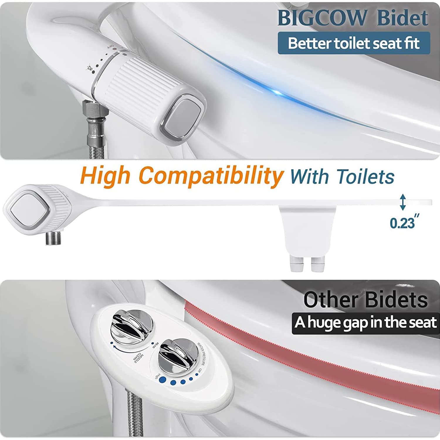 Bidet ultra-mince, embout double non électrique accessoire bidet pour toilettes avec entrée en métal, pression d'eau douce réglable bidet pour siège