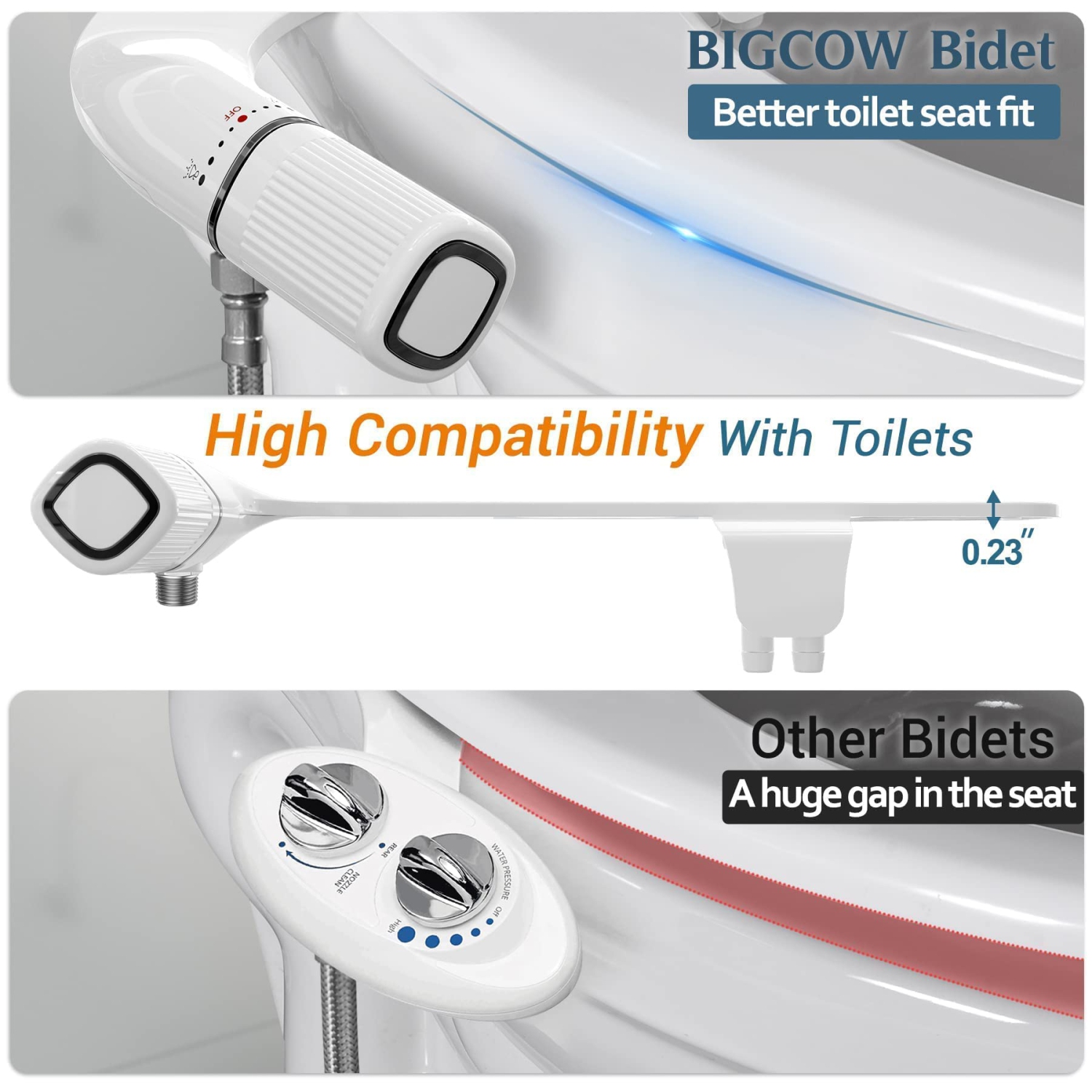 Bidet ultra-mince, embout double non électrique accessoire bidet pour toilettes avec entrée en métal, pression d'eau douce réglable bidet pour siège