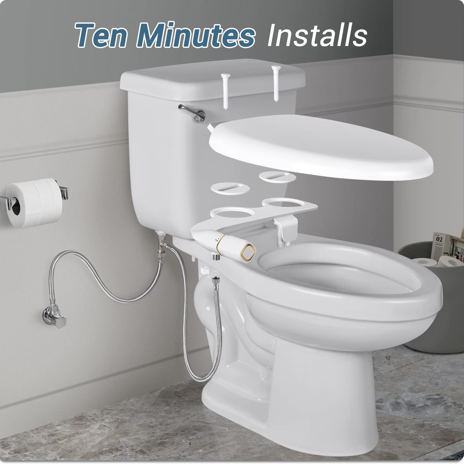Bidet ultra-mince, embout double non électrique accessoire bidet pour toilettes avec entrée en métal, pression d'eau douce réglable bidet pour siège