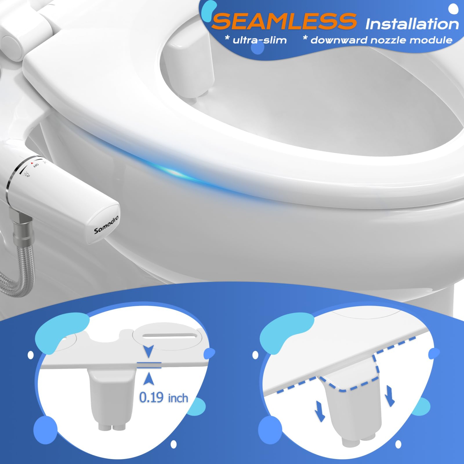 SAMODRA Ultra-Slim Bidet, Minimalist Bidet for Toilet with Non-Electric Dual Nozzle Adjustable Water Pressure, Fresh Water Bidet Toilet Seat