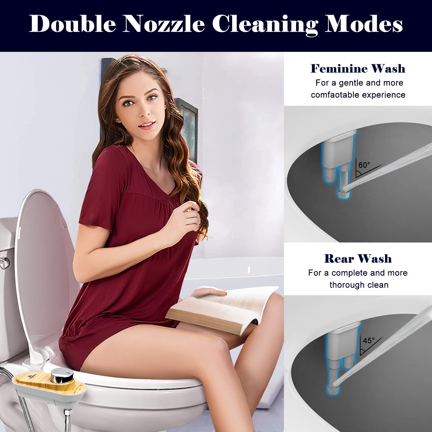 Bidet Attachment for Toilet, Slim Bidet Attachment Dual Nozzle Fresh Cold Water Non-Electric Bidet Toilet Seat Attachment Adjustable Water Pressure