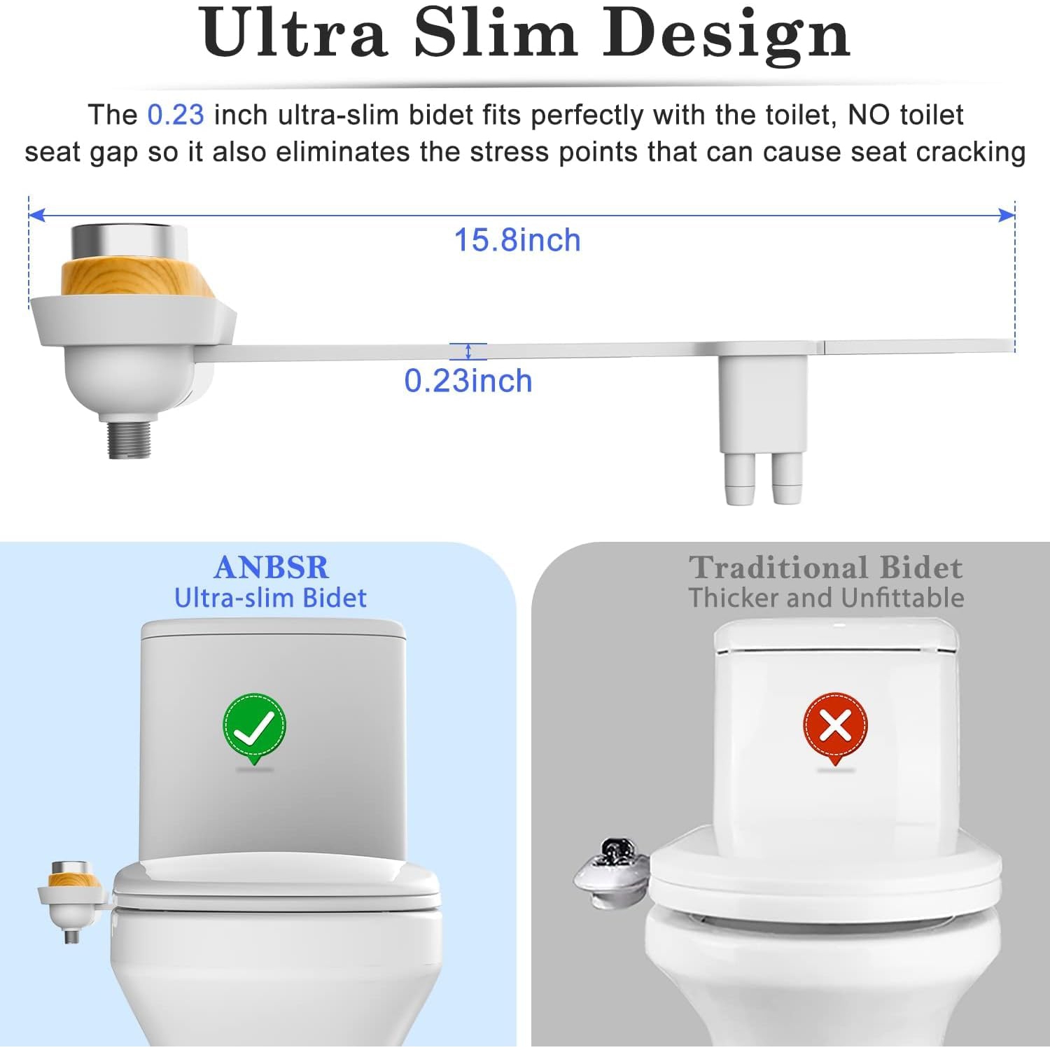 Bidet Attachment for Toilet, Slim Bidet Attachment Dual Nozzle Fresh Cold Water Non-Electric Bidet Toilet Seat Attachment Adjustable Water Pressure