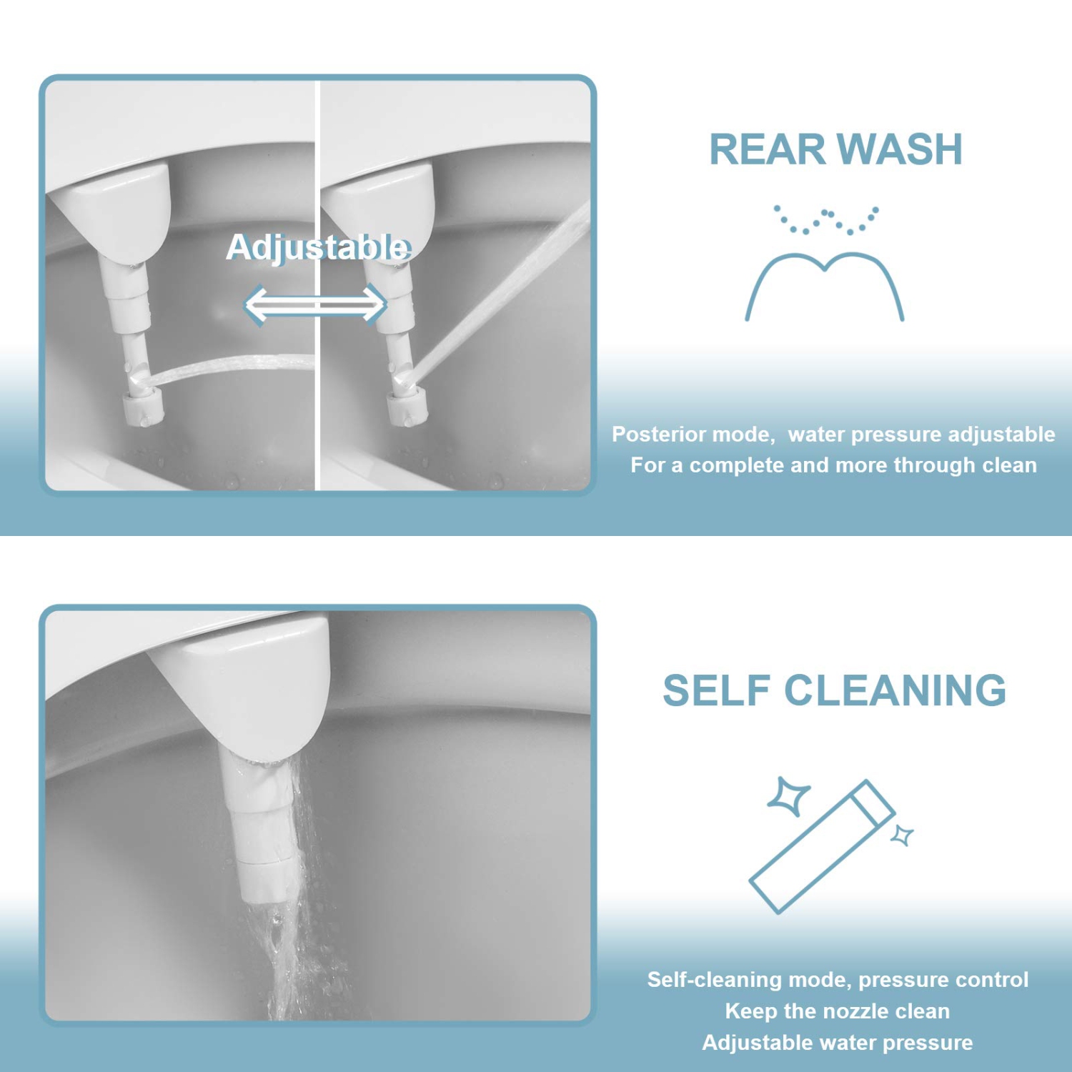 Bidet autonettoyant pour toilettes, embout simple ultra-mince pour toilettes avec pression d'eau réglable, eau douce bidet non électrique, bidet