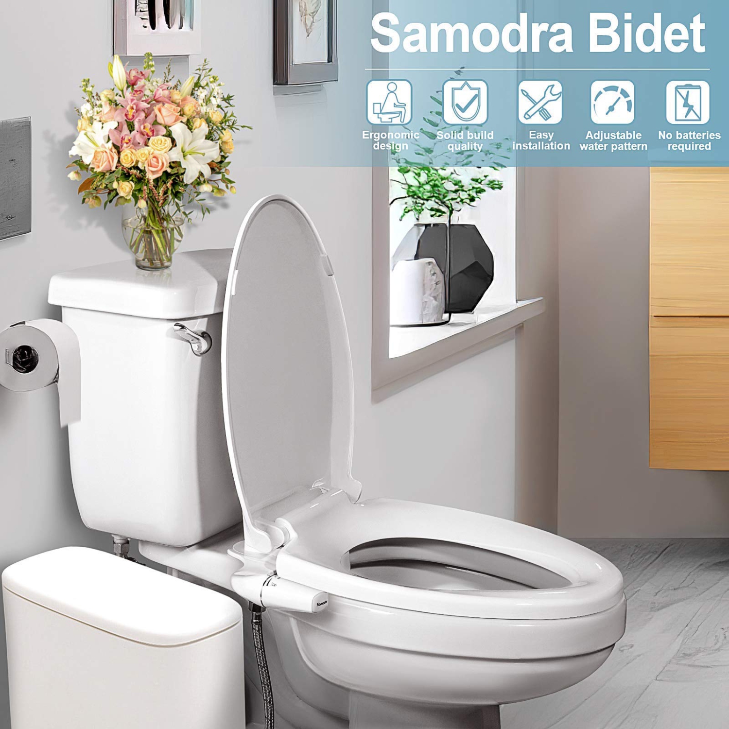 Bidet autonettoyant pour toilettes, embout simple ultra-mince pour toilettes avec pression d'eau réglable, eau douce bidet non électrique, bidet