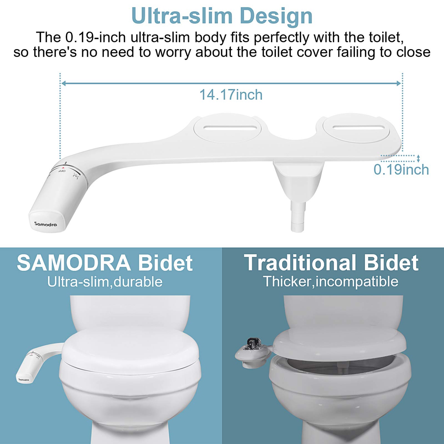 Bidet autonettoyant pour toilettes, embout simple ultra-mince pour toilettes avec pression d'eau réglable, eau douce bidet non électrique, bidet