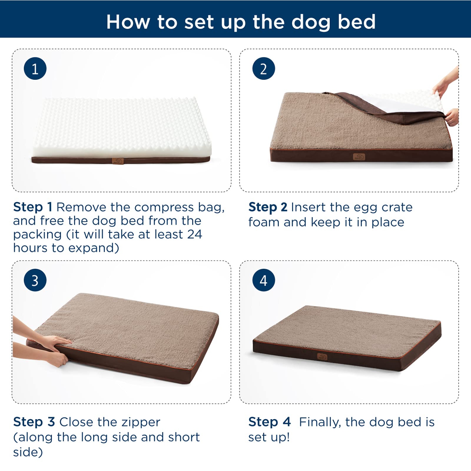 Large Dog Bed for Large Dogs - Orthopedic Dog Beds with Removable Washable Cover, Egg Crate Foam Pet Bed Mat, Suitable for Dogs Up to 75 lbs, Brown