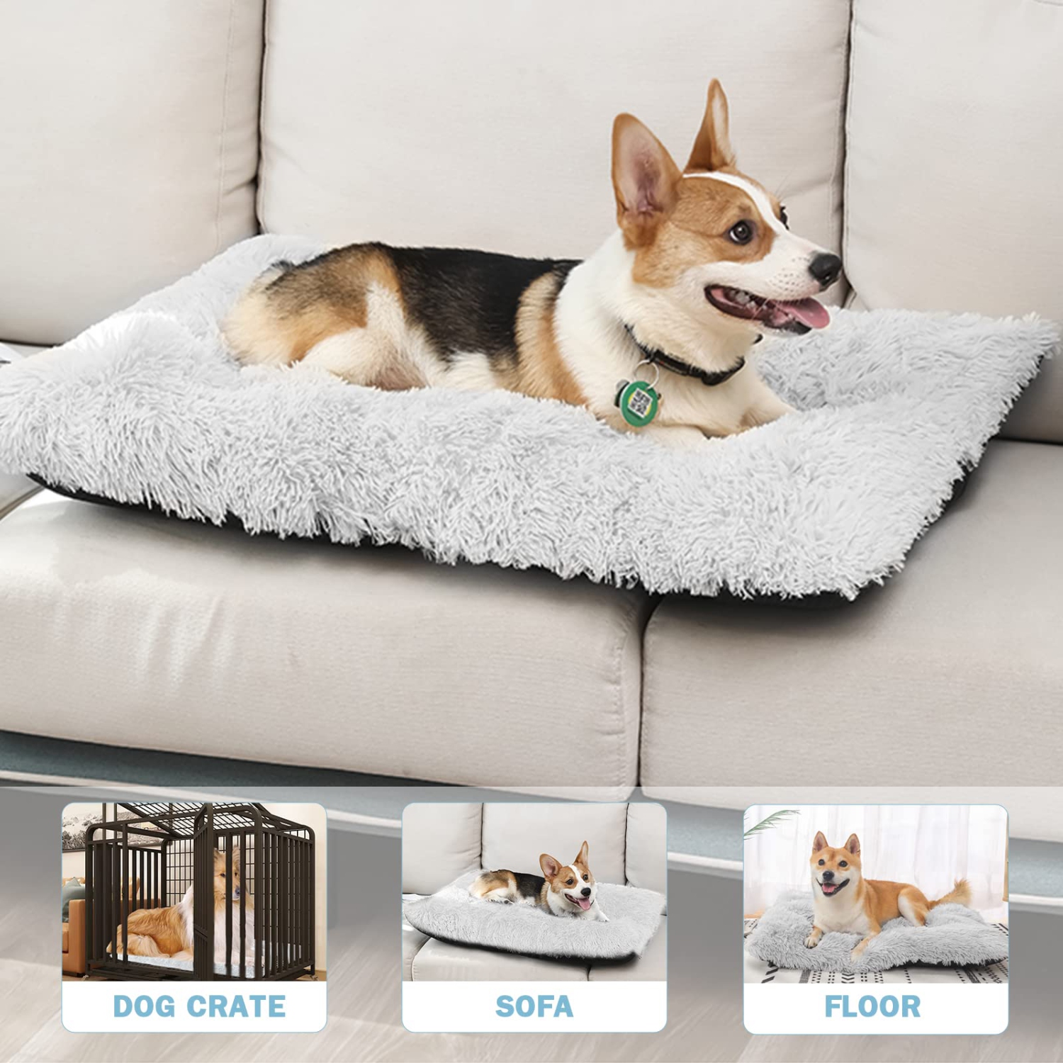 Petit lit pour chiens lavable - lit de cage pour chiens calmants, lit de coussin moelleux pour chiens, P(25,2'' x 19,9''), gris pâle