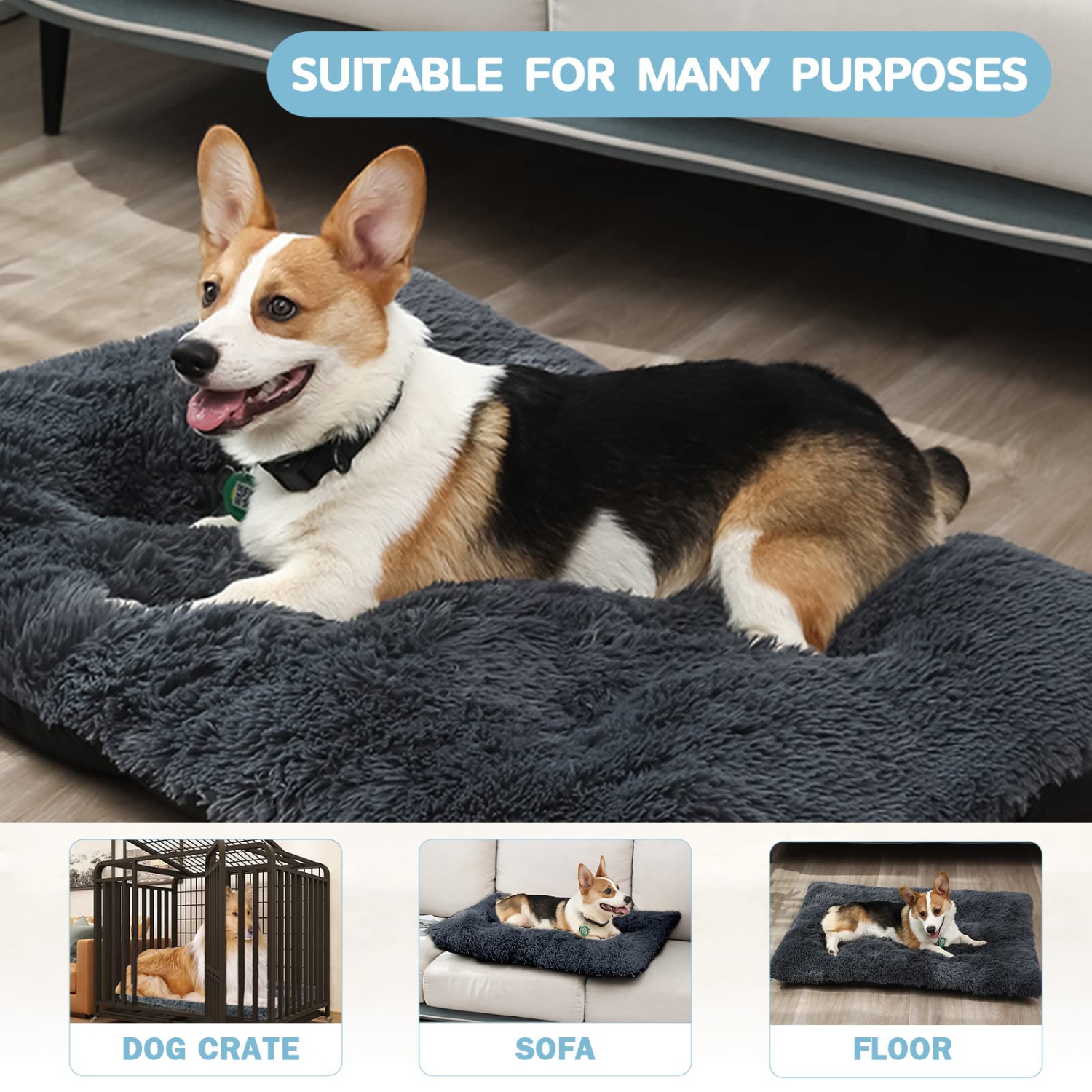 Large Dog Bed Washable - Calming Dog Crate Mat Bed for Large Dogs, Fluffy Pet Pillow Bed for Dogs, L(36.6''x 25.6''), Dark Grey