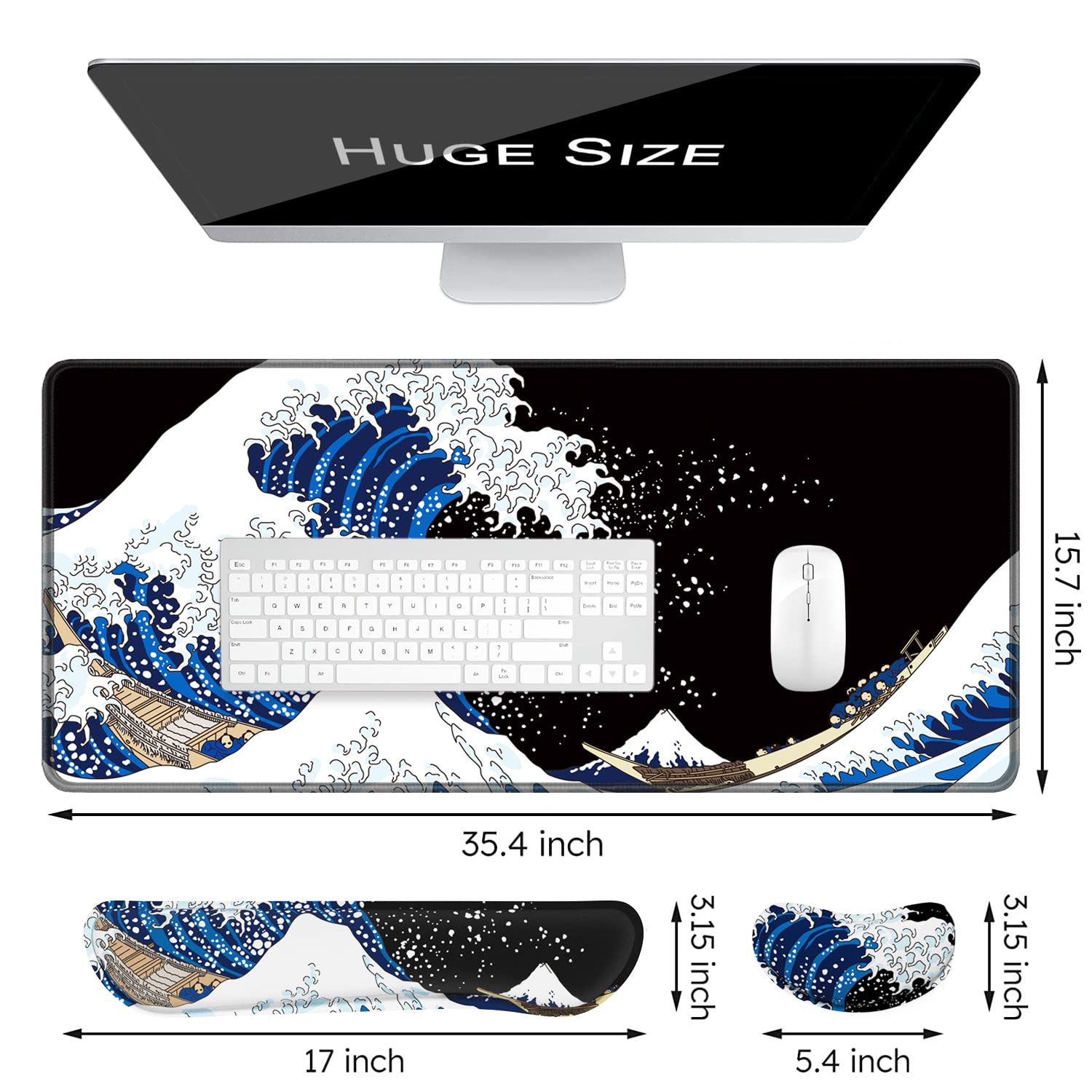 Keyboard Mouse Pad Set, XXL Large Desk Pad+Keyboard Wrist Rest+Mouse Wrist Cushion Support, Ergonomic Memory Foam, 35.5" x 15.7" Extended Mousepad,