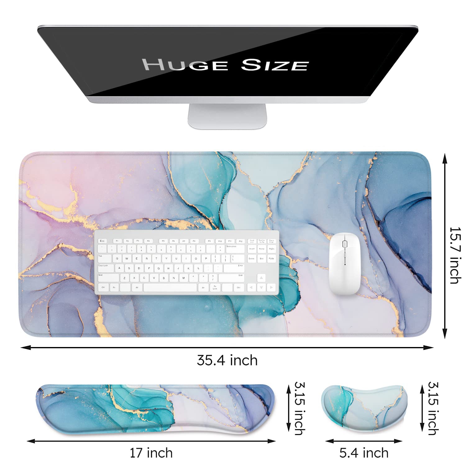 Keyboard Mouse Pad Set, XXL Large Desk Pad+Keyboard Wrist Rest+Mouse Wrist Cushion Support, Ergonomic Memory Foam, 35.5" x 15.7" Extended Mousepad,